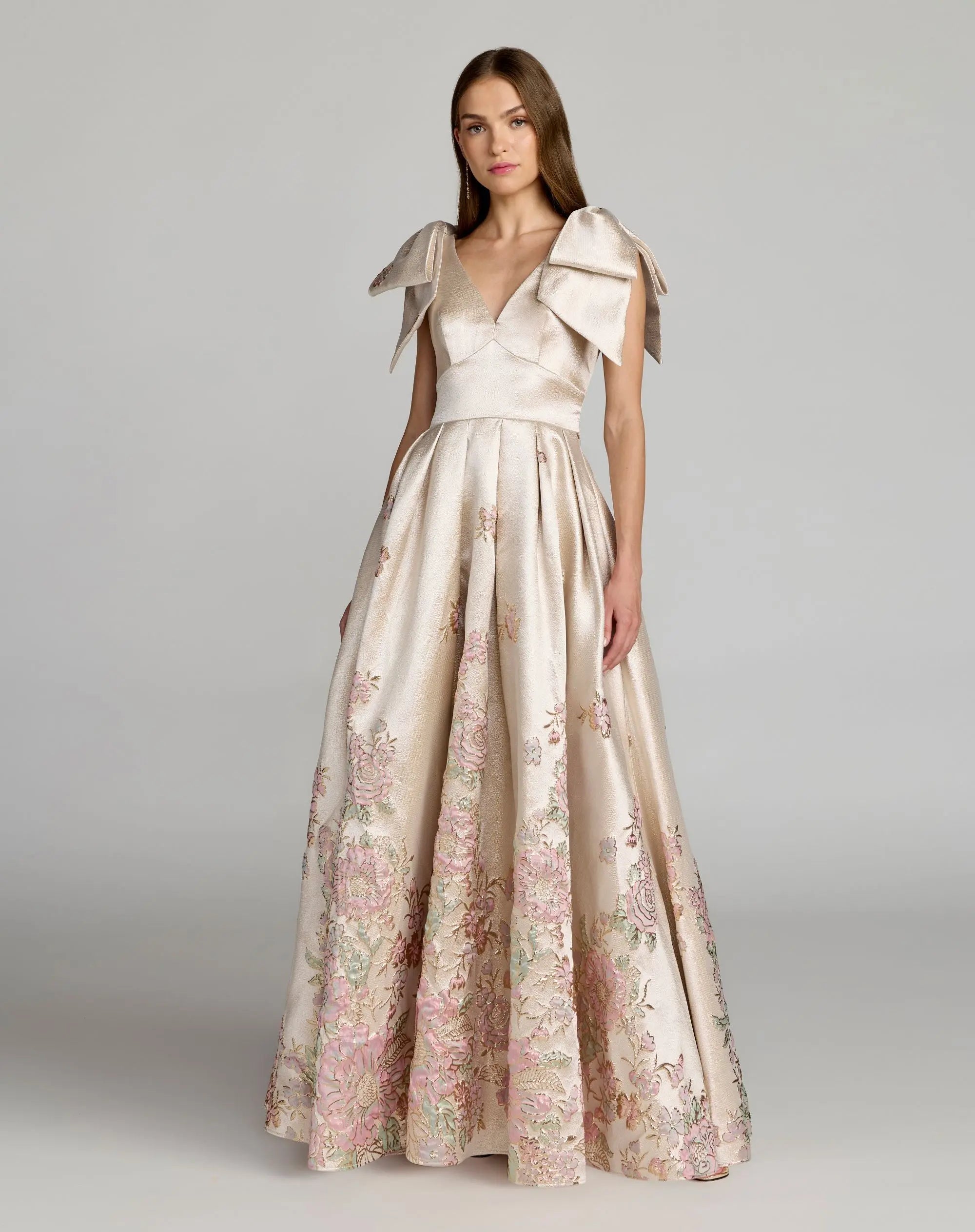 Ivory Brocade V Neck Ball Gown With Bow Straps-Myartka
