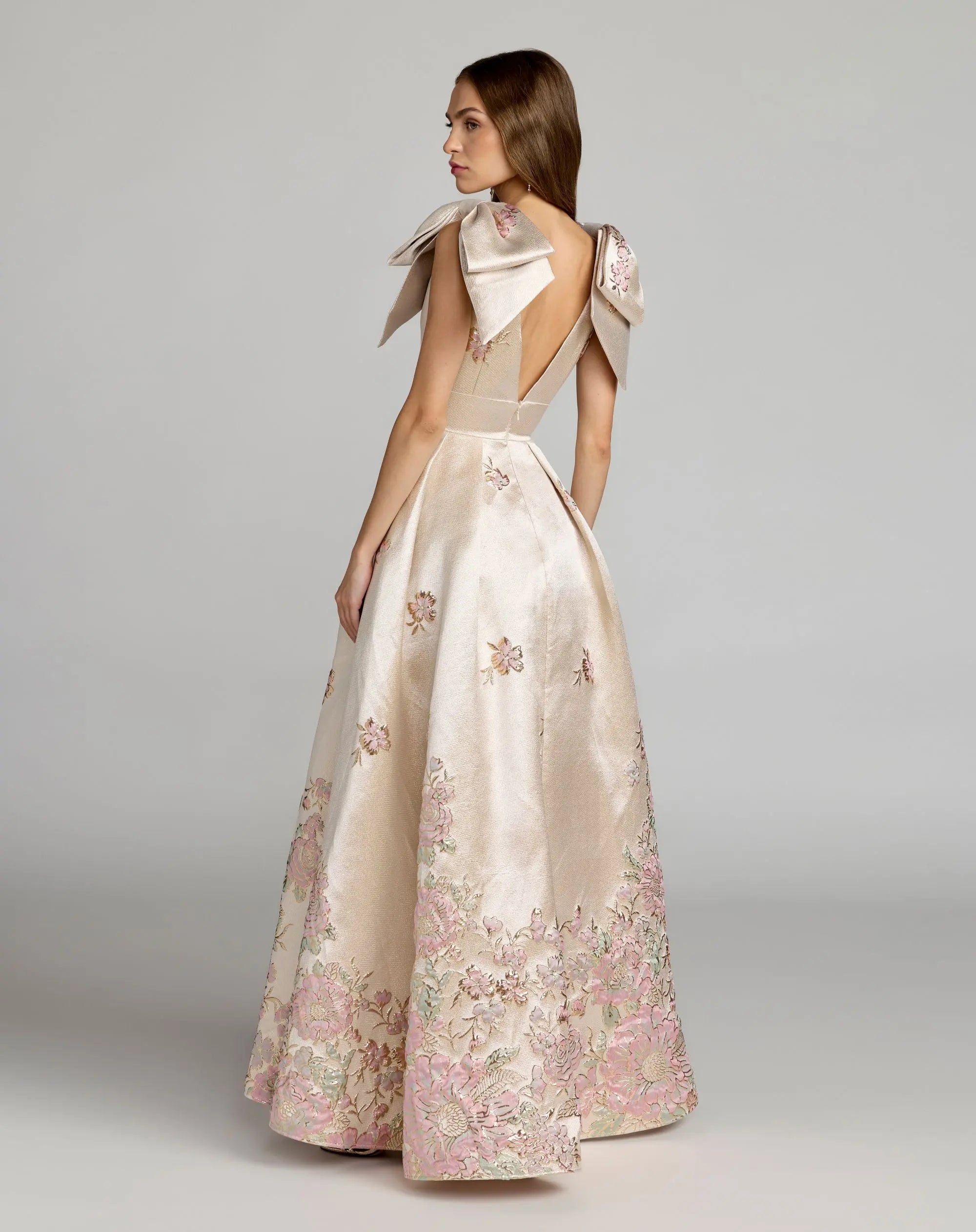 Ivory Brocade V Neck Ball Gown With Bow Straps-Myartka