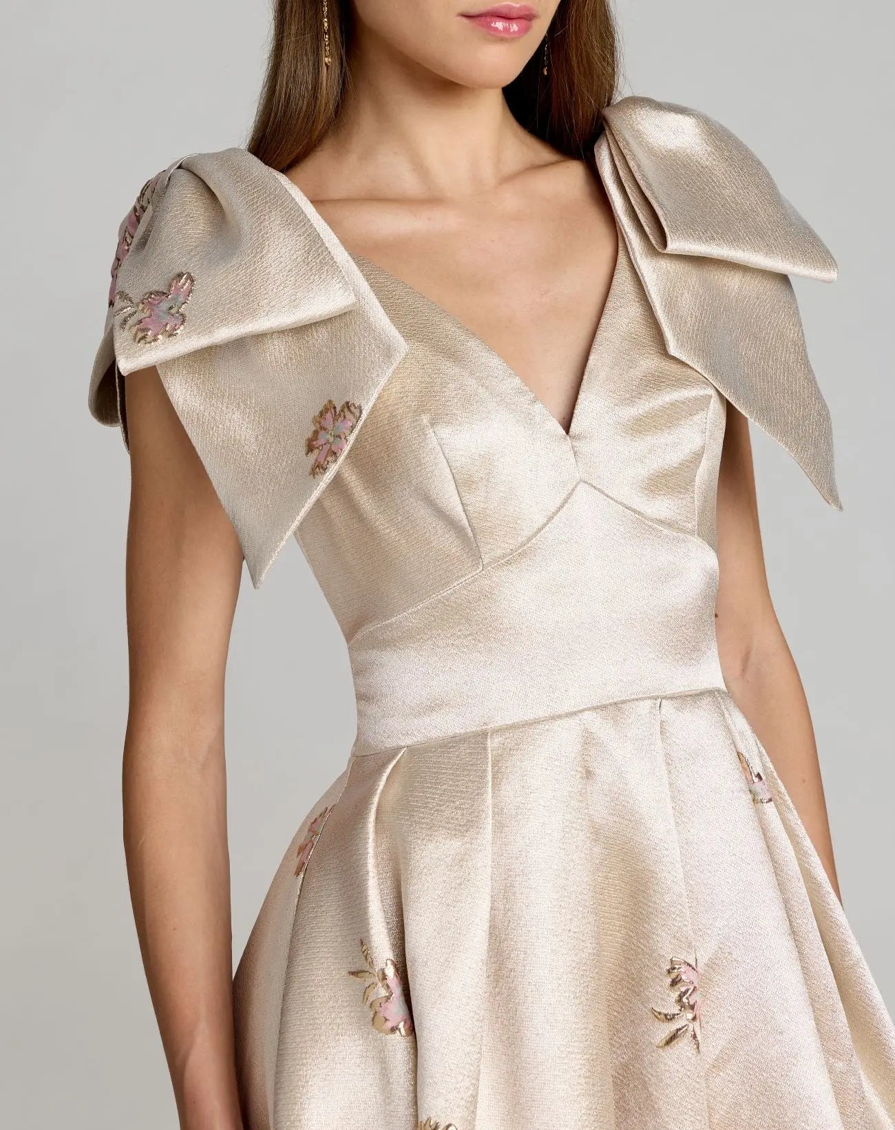 Ivory Brocade V Neck Ball Gown With Bow Straps-Myartka