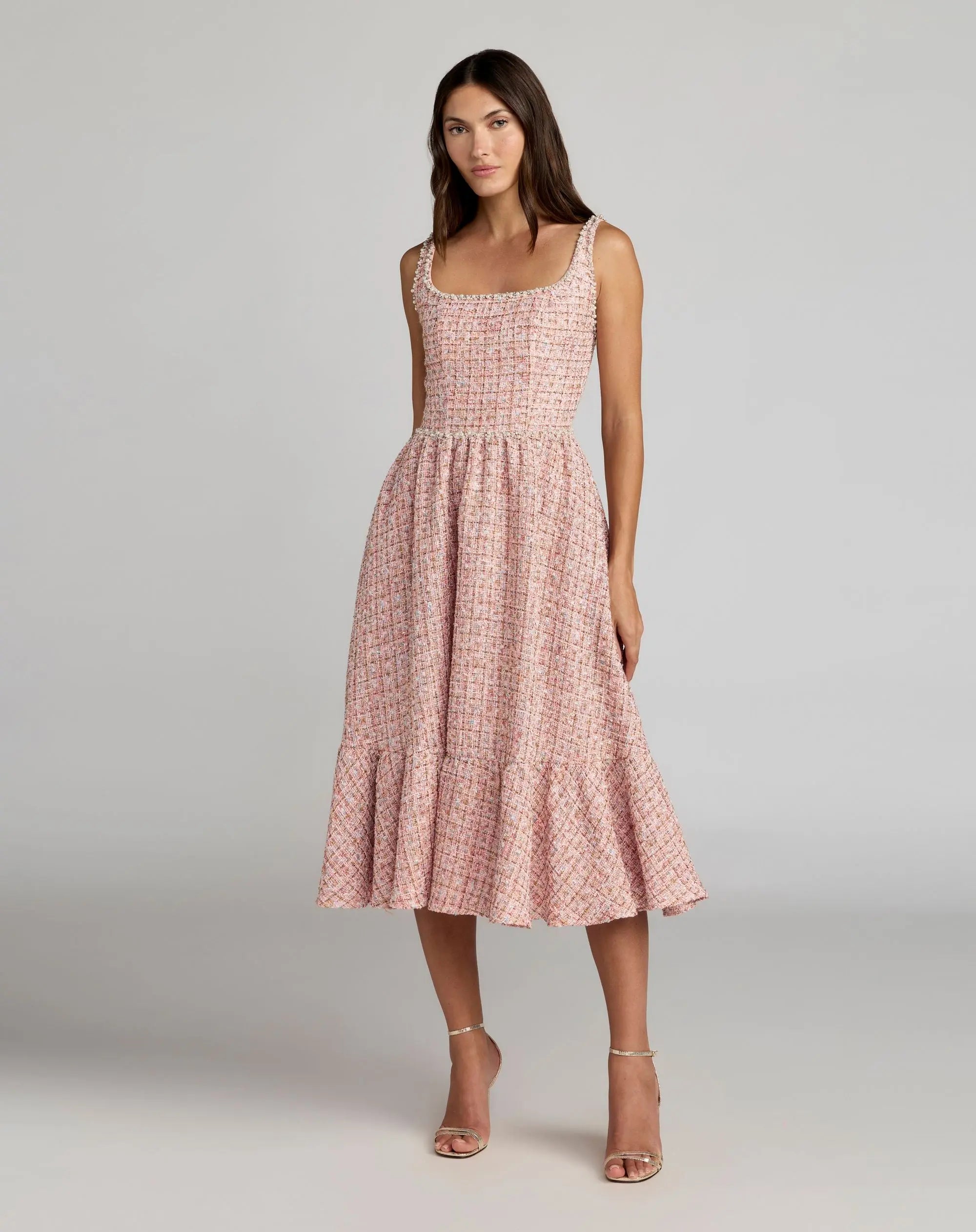 Pink Pearl Embellished Sleeveless Boucle Midi Dress-Myartka