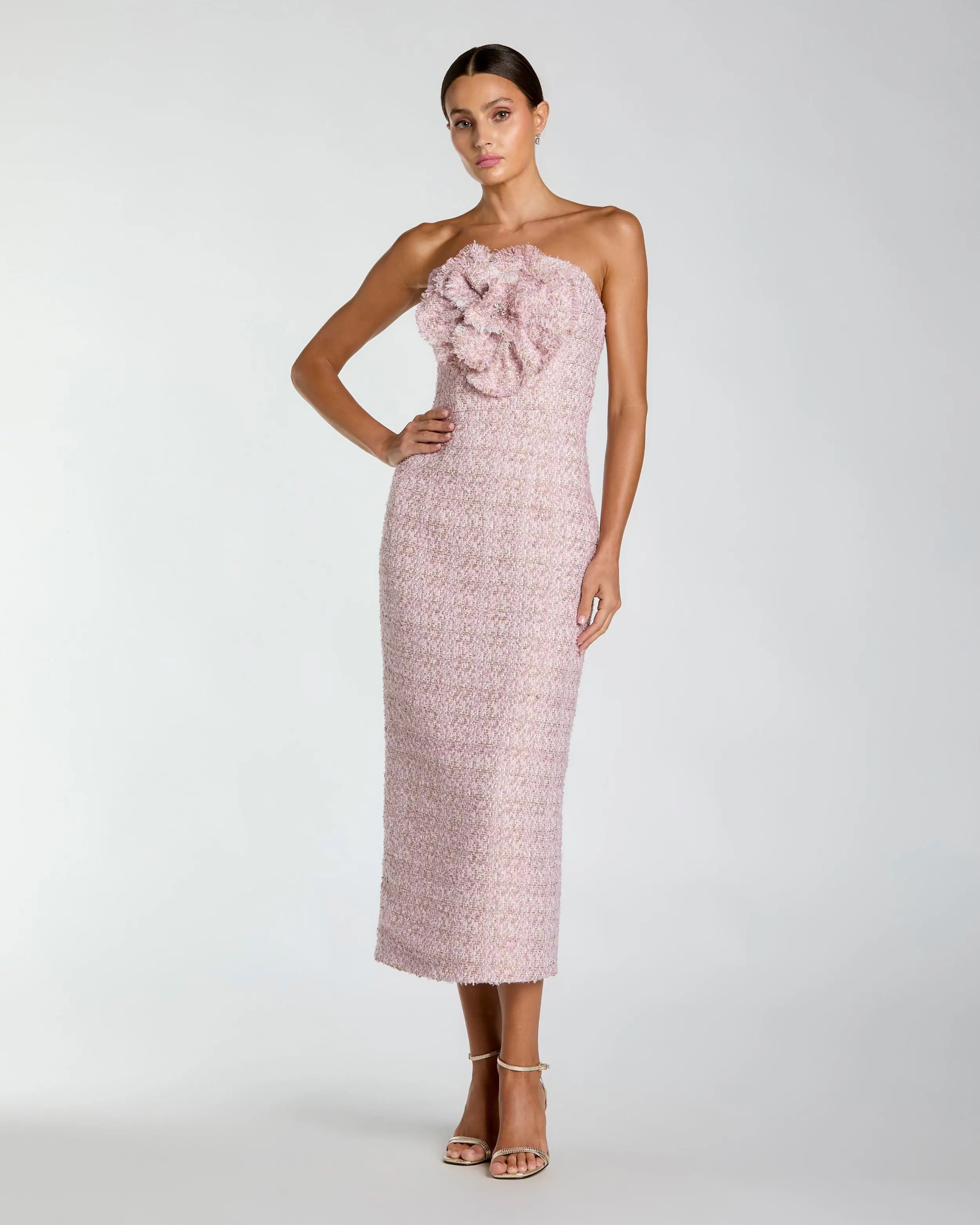 Pink Strapless Boucle Midi Dress With 3D Flower-Myartka
