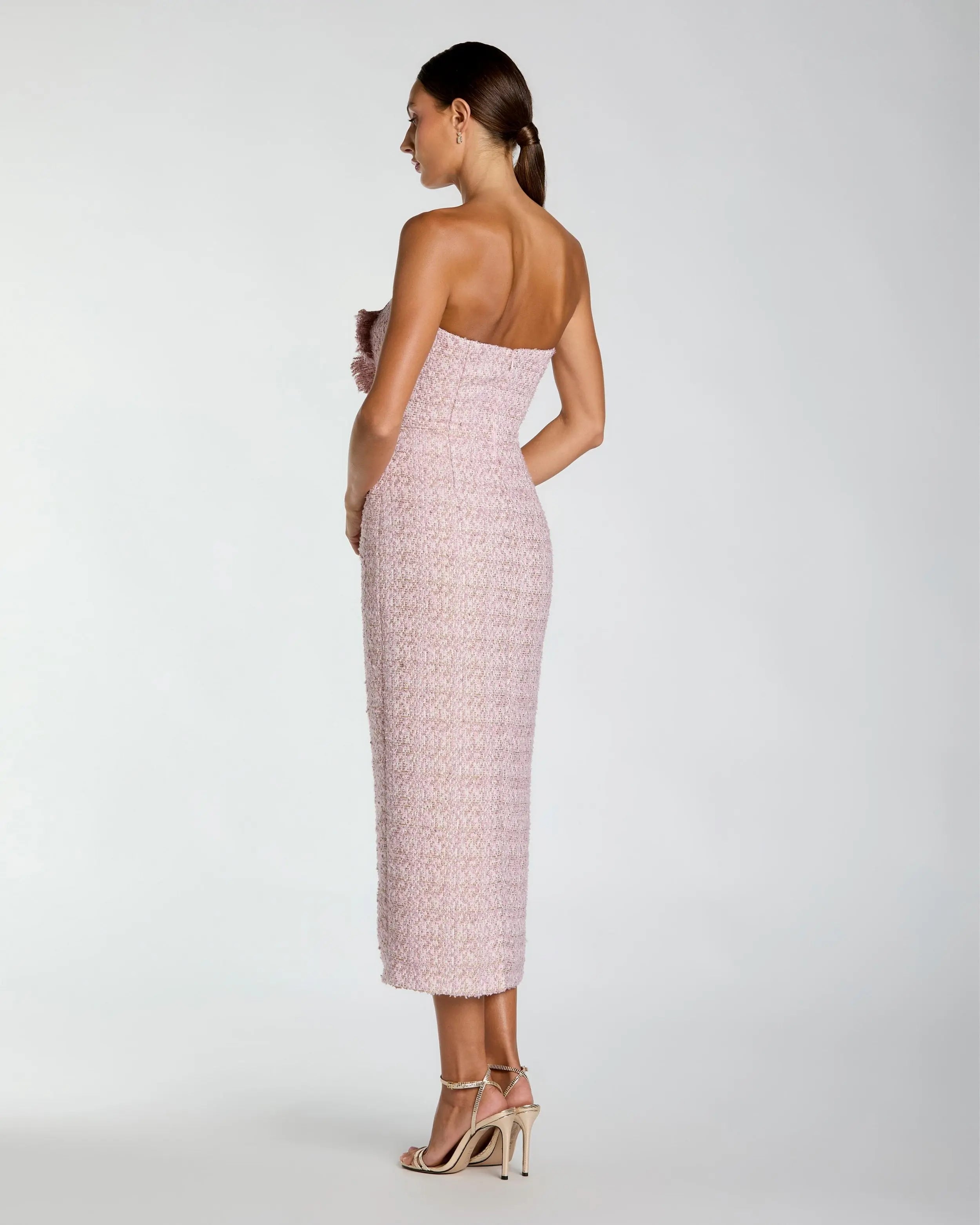 Pink Strapless Boucle Midi Dress With 3D Flower-Myartka