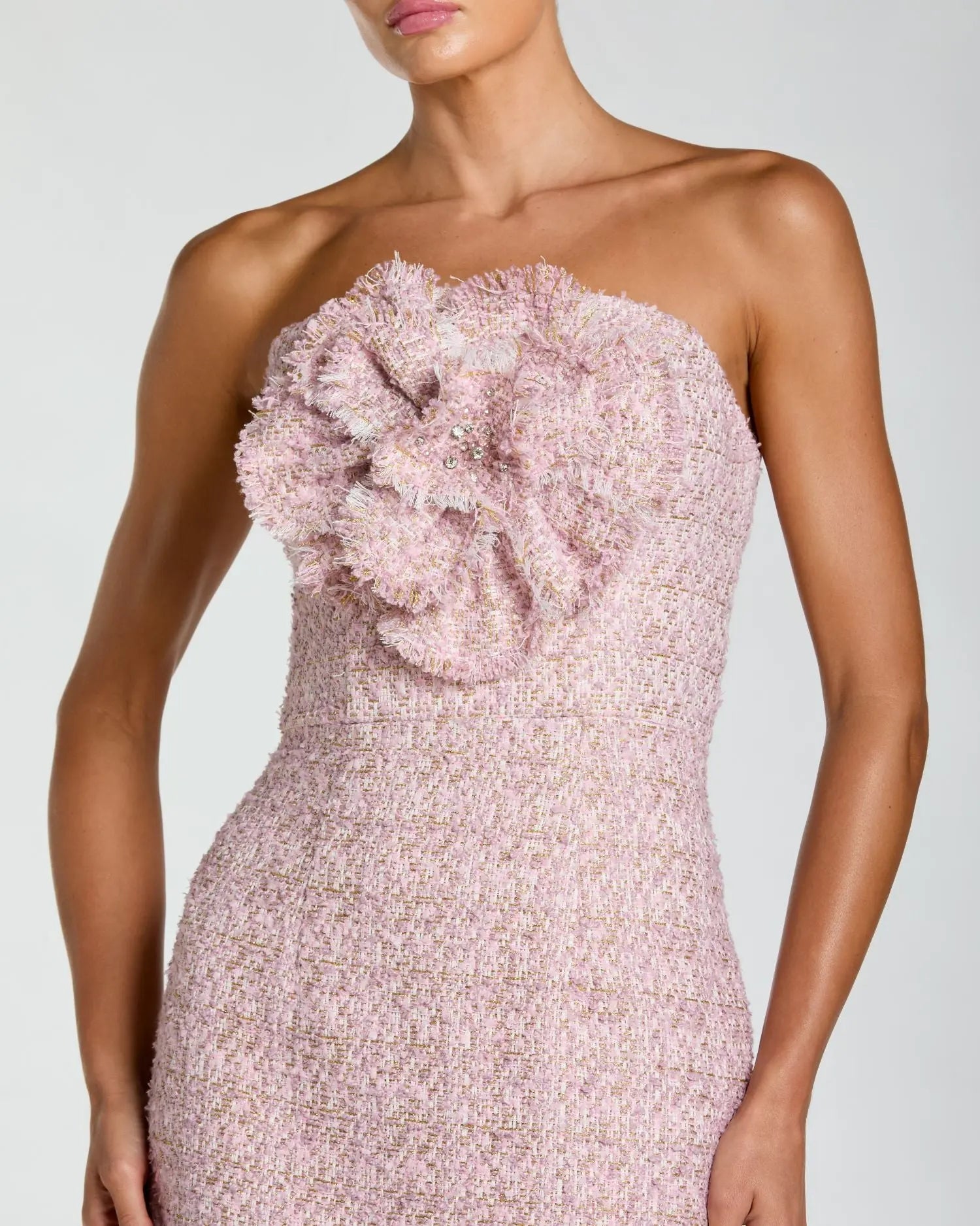 Pink Strapless Boucle Midi Dress With 3D Flower-Myartka