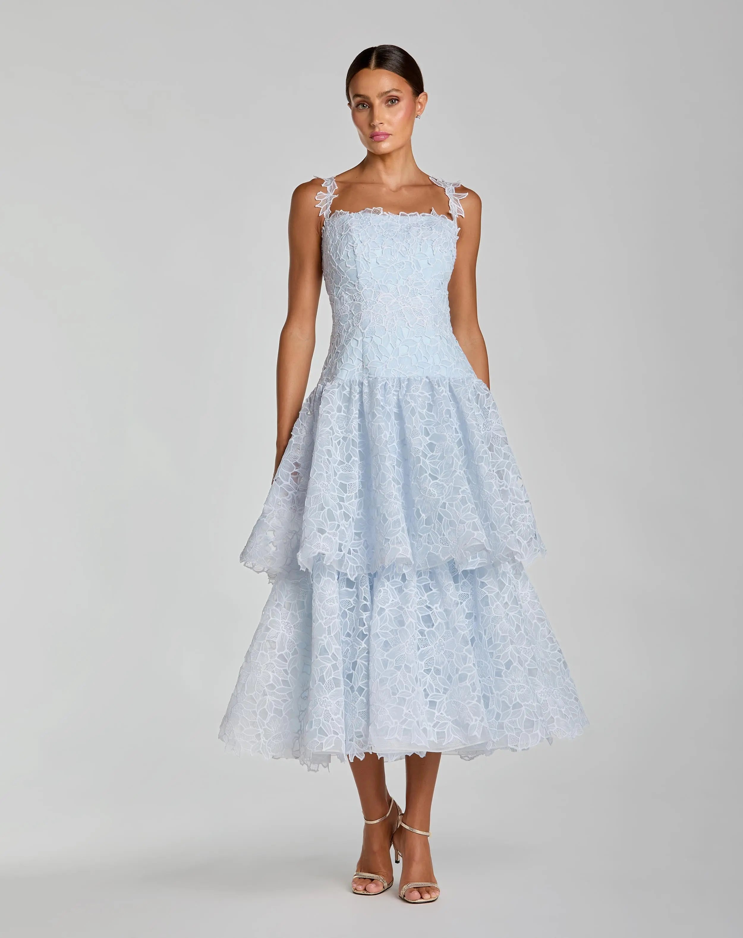 Blue Sleeveless Embroidered Lace Tiered Midi Dress-Myartka