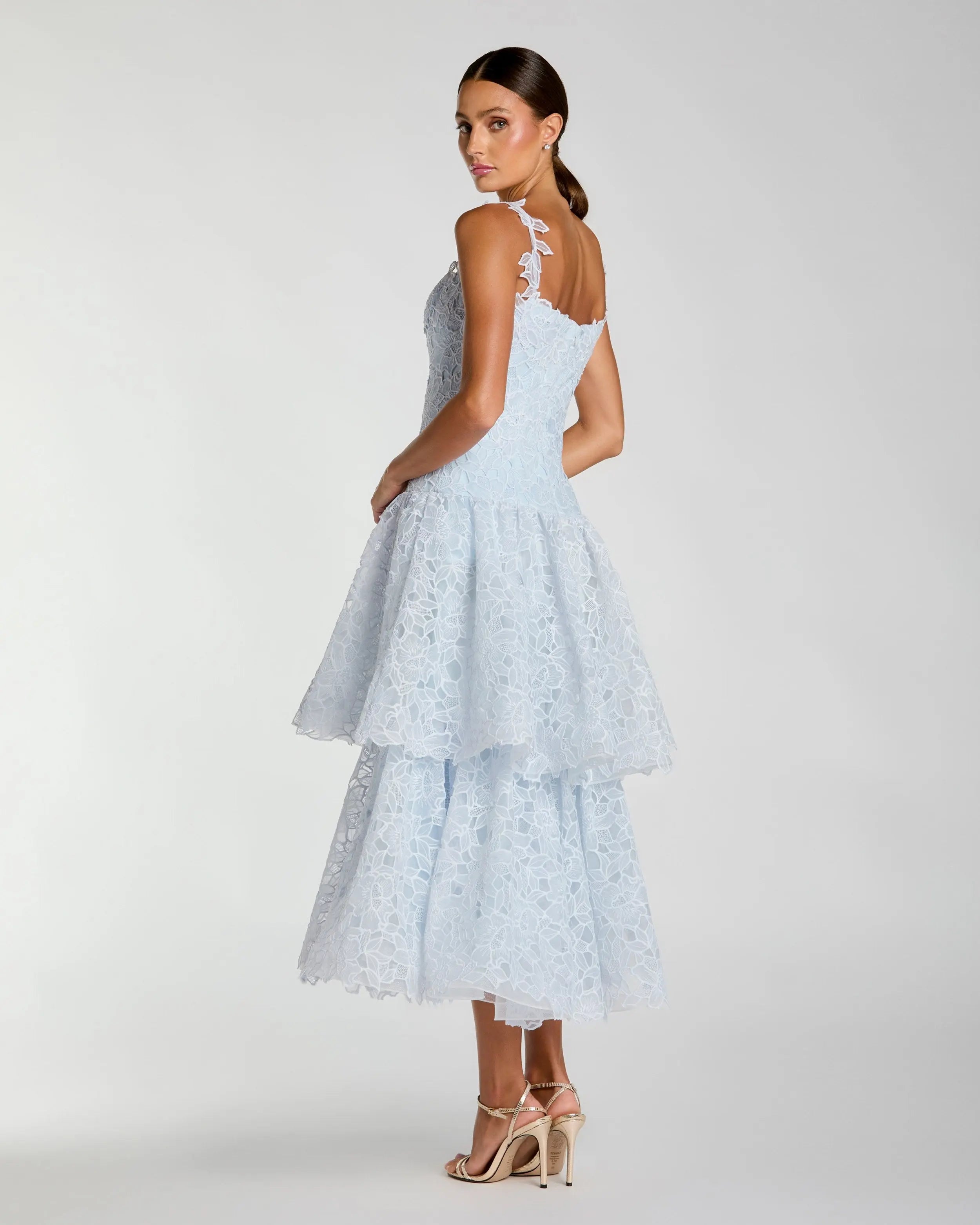 Blue Sleeveless Embroidered Lace Tiered Midi Dress-Myartka