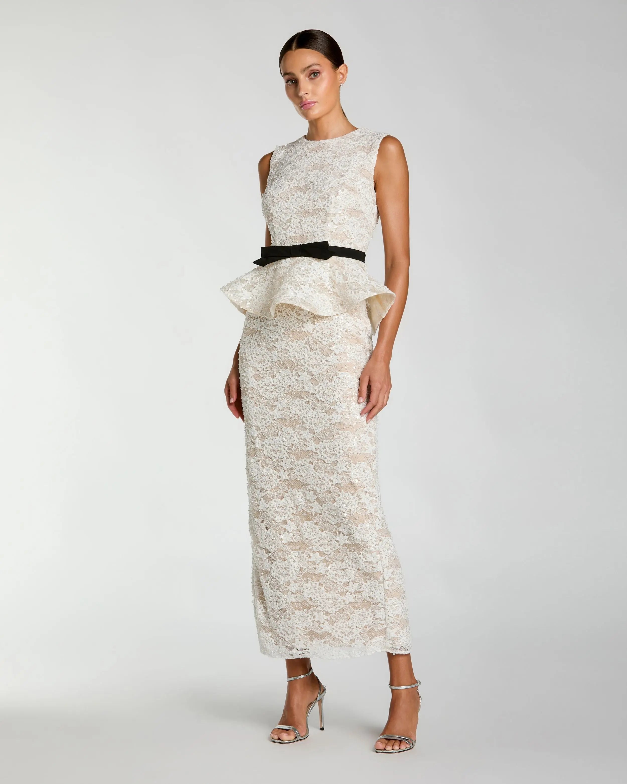 White Lace Peplum Column Dress with Bow-Myartka