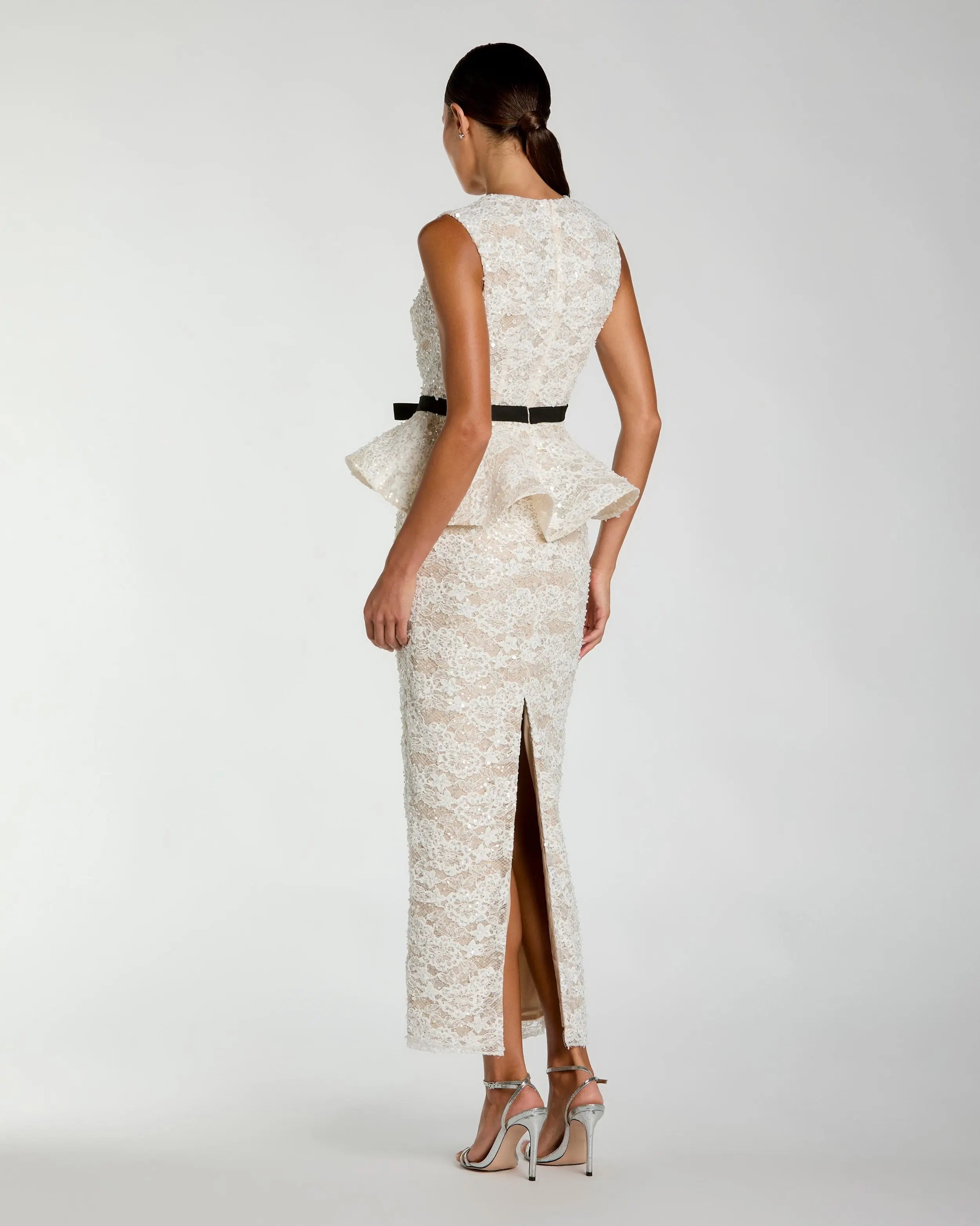 White Lace Peplum Column Dress with Bow-Myartka