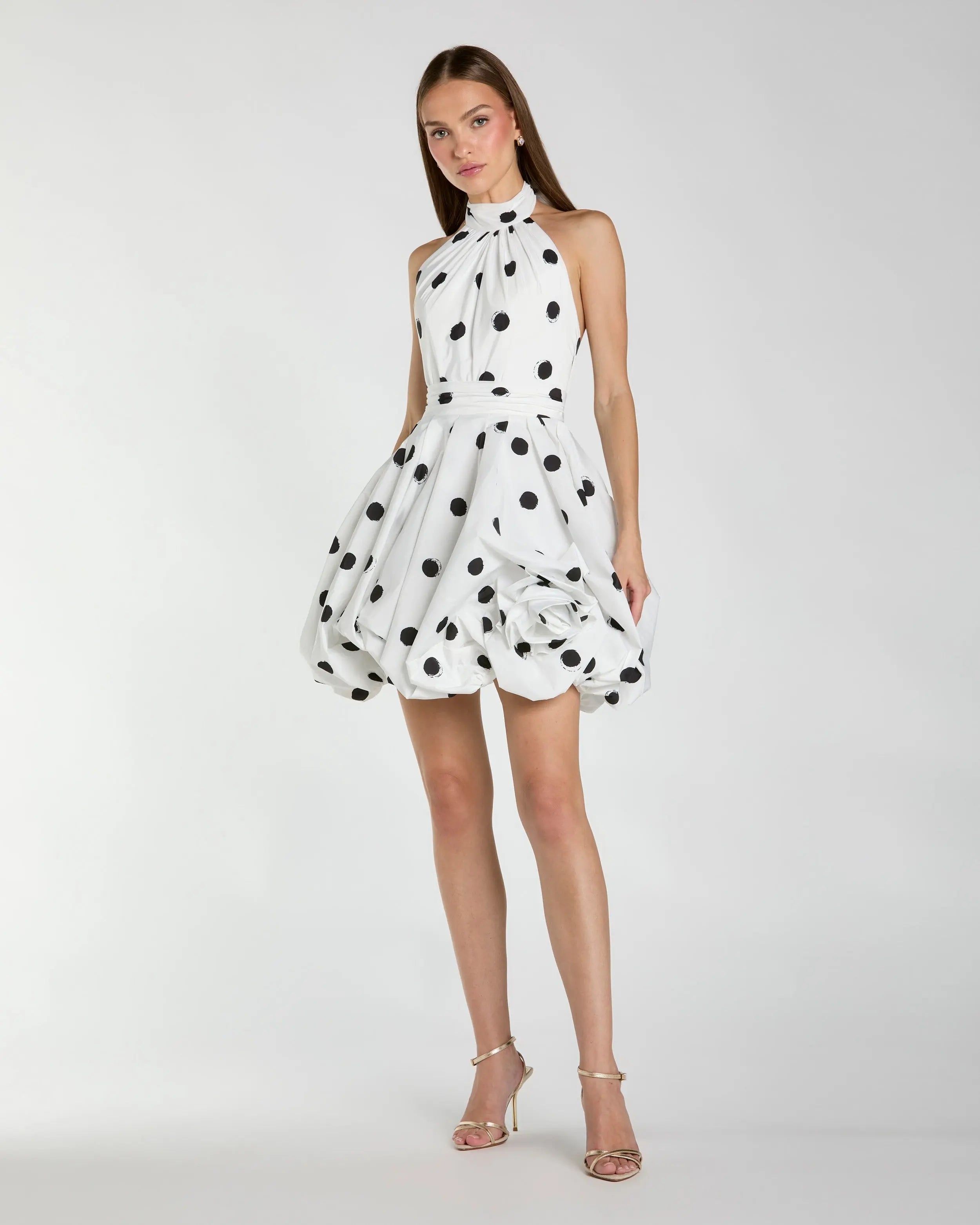 White Polka Dot Halter Mini Dress with 3D Rose-Myartka