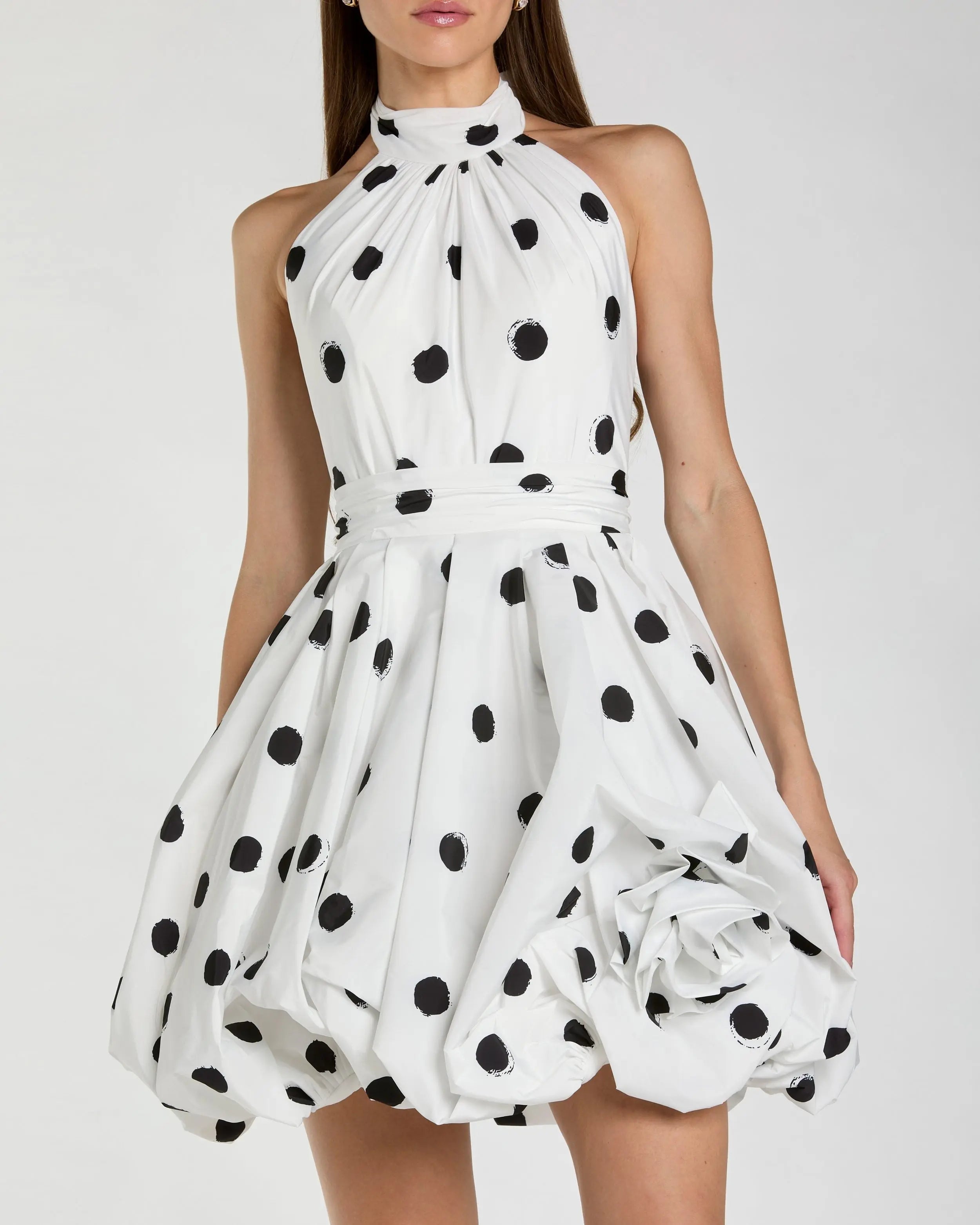 White Polka Dot Halter Mini Dress with 3D Rose-Myartka