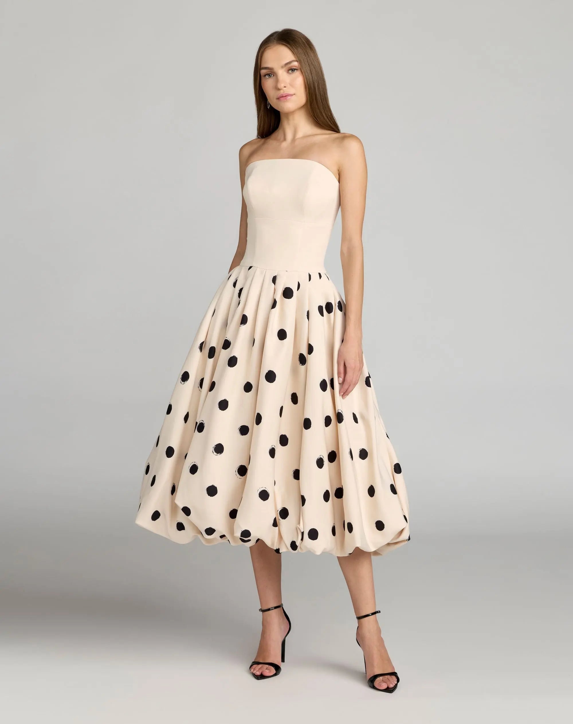 Beige Strapless Polka Dot Bubble Skirt Midi Dress-Myartka
