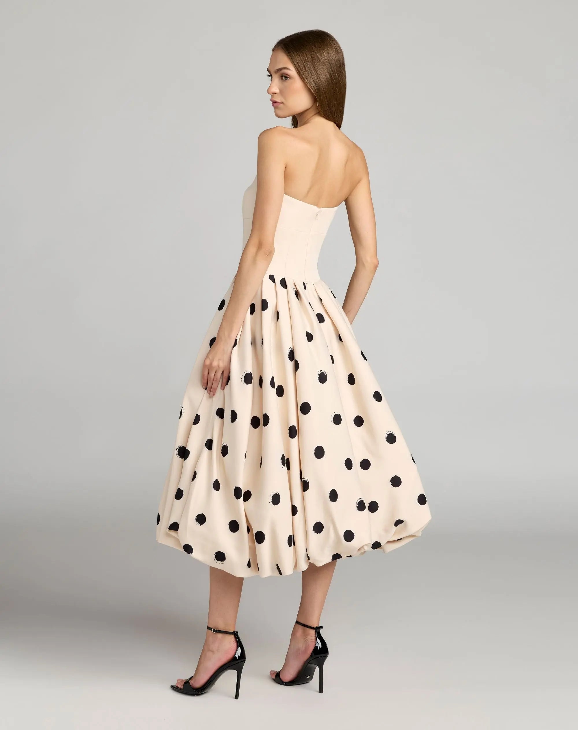Beige Strapless Polka Dot Bubble Skirt Midi Dress-Myartka