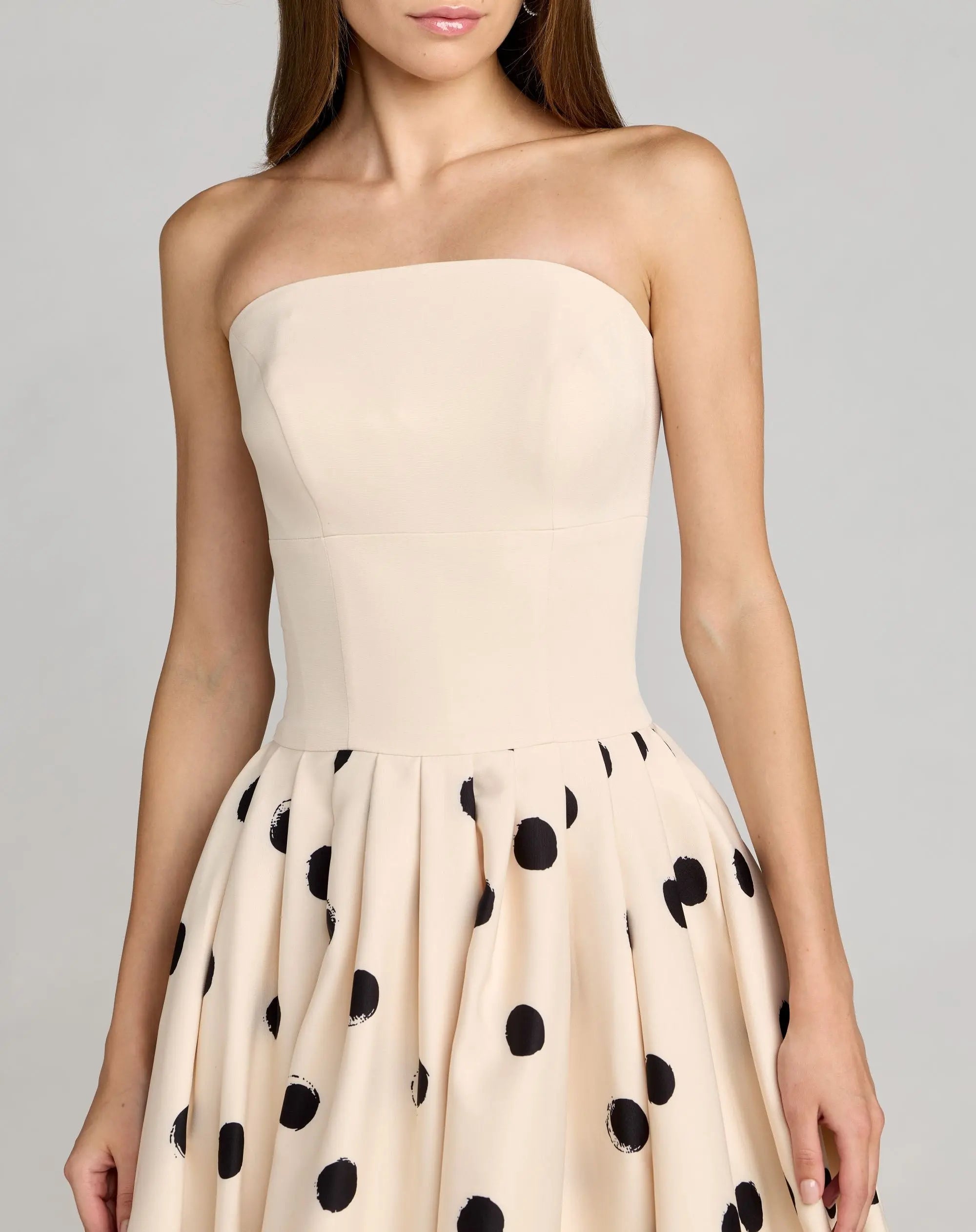 Beige Strapless Polka Dot Bubble Skirt Midi Dress-Myartka