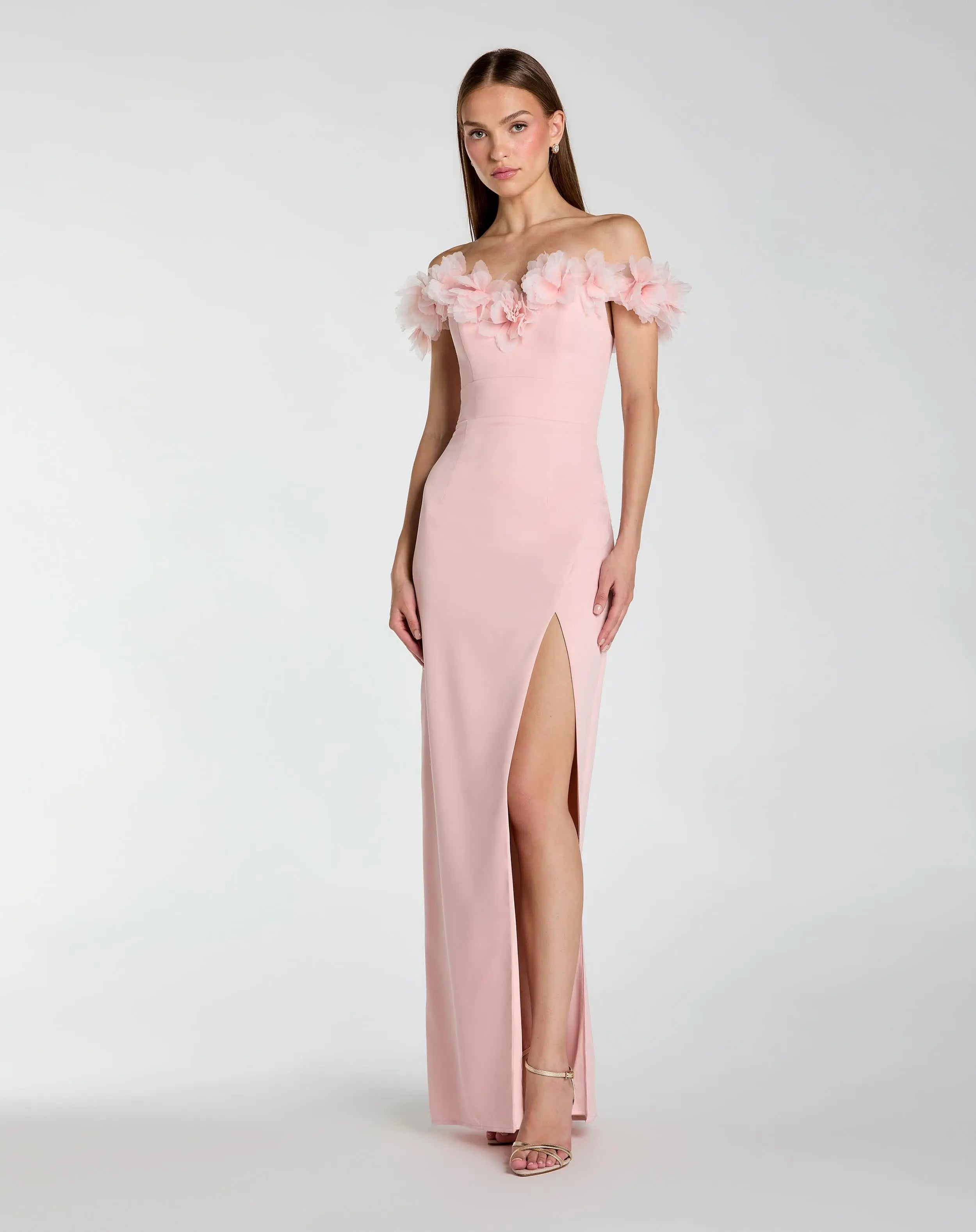 Pink Off The Shoulder Column Gown With 3D Flowers-Myartka