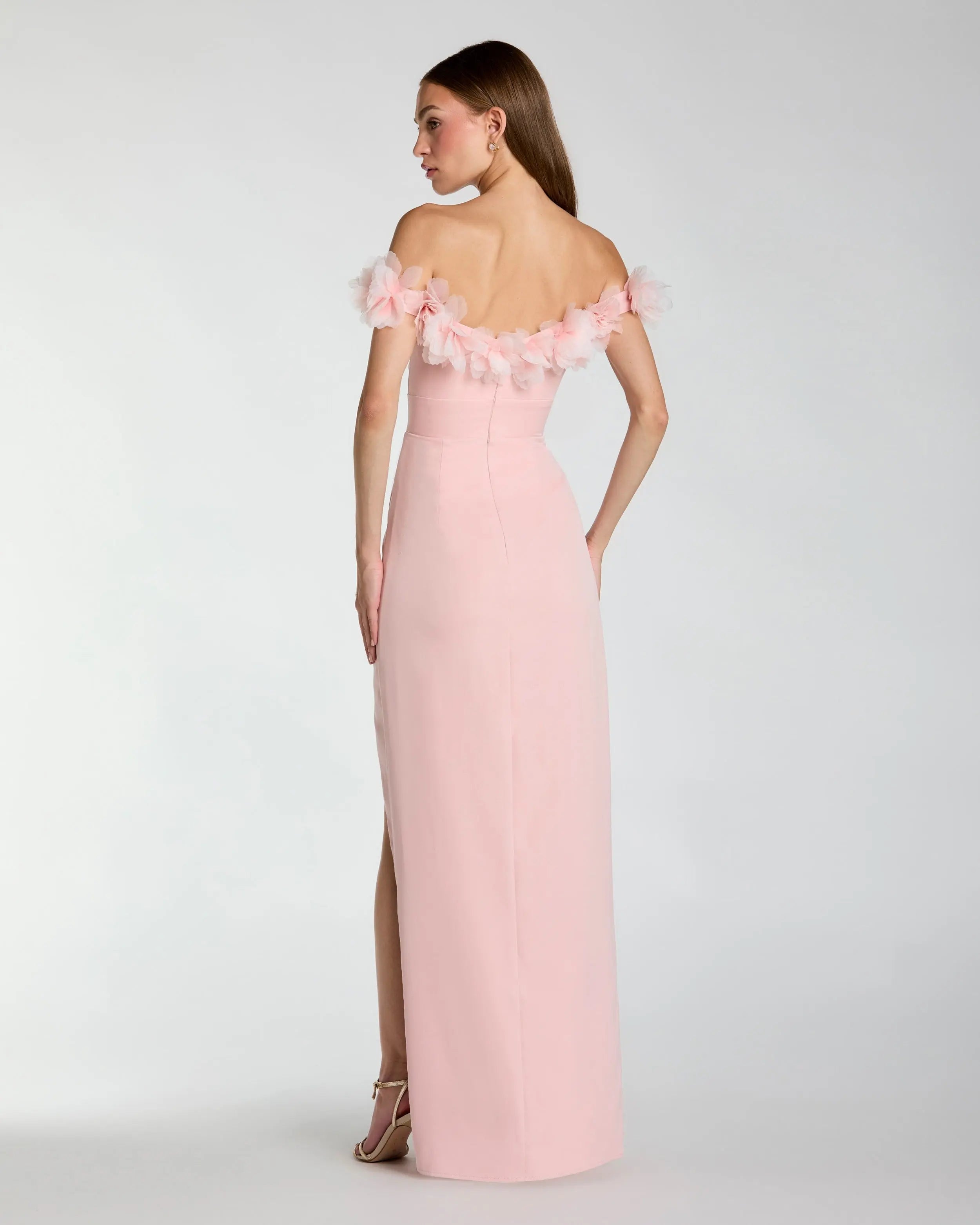 Pink Off The Shoulder Column Gown With 3D Flowers-Myartka