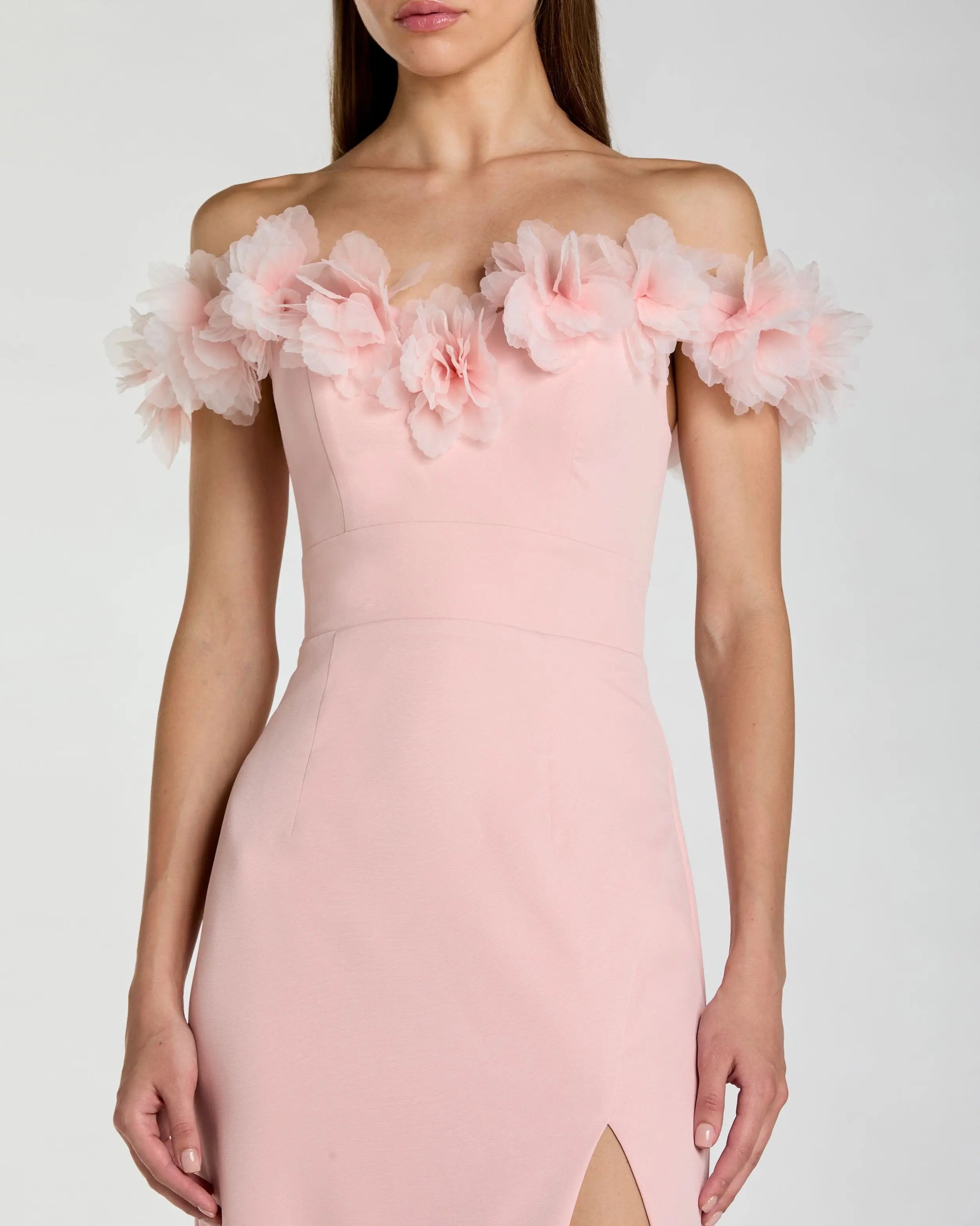 Pink Off The Shoulder Column Gown With 3D Flowers-Myartka