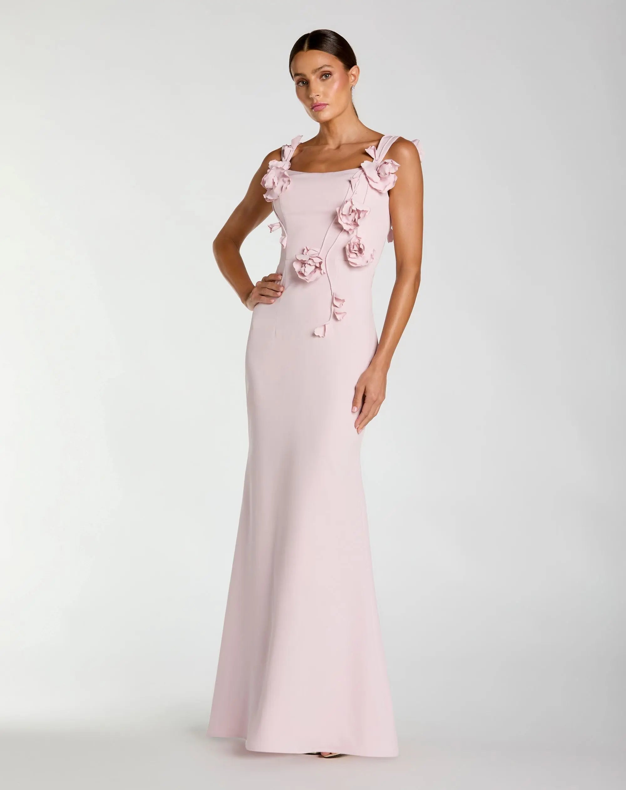Pink Sleeveless Crepe Column Gown With Floral Detail-Myartka