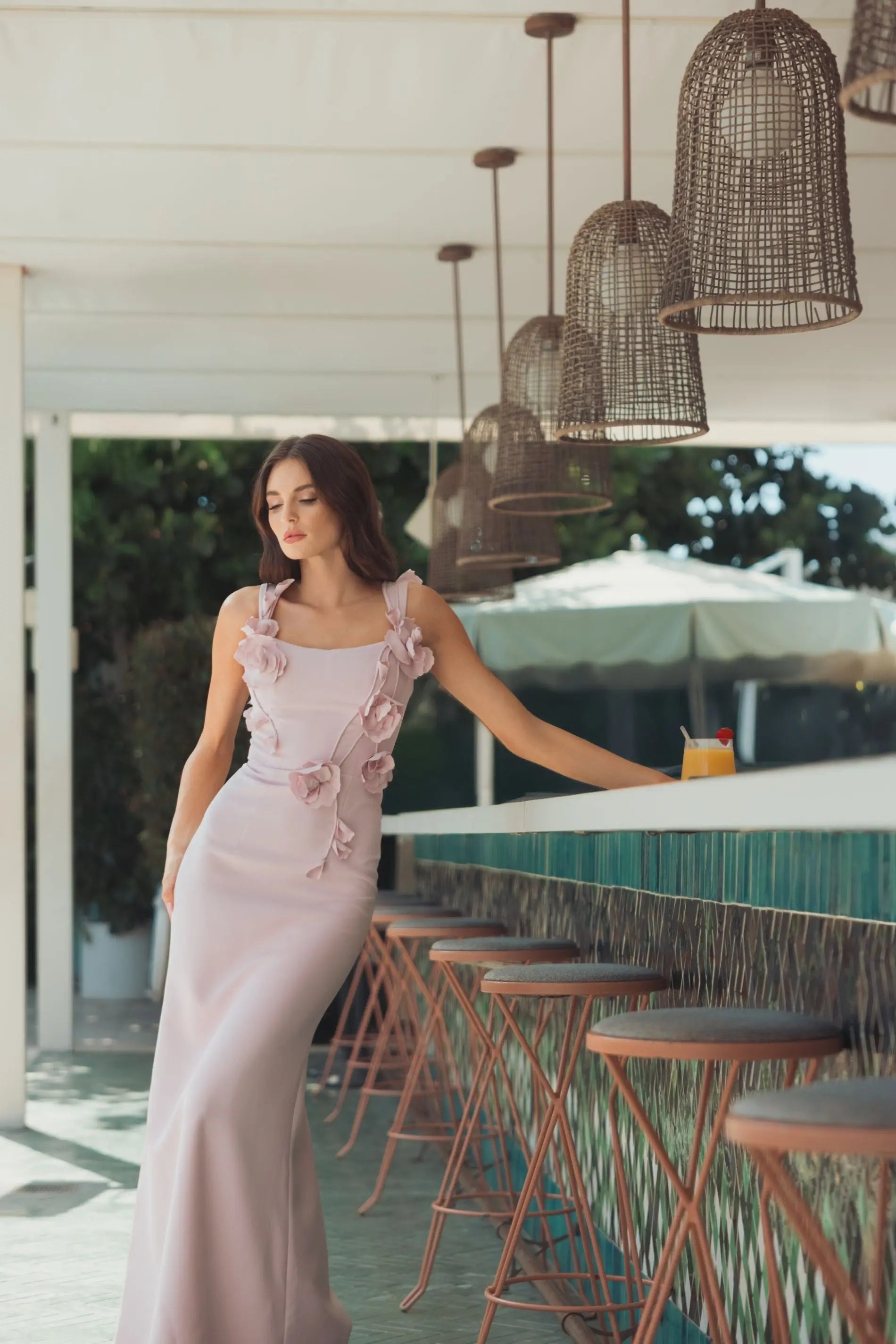 Pink Sleeveless Crepe Column Gown With Floral Detail-Myartka