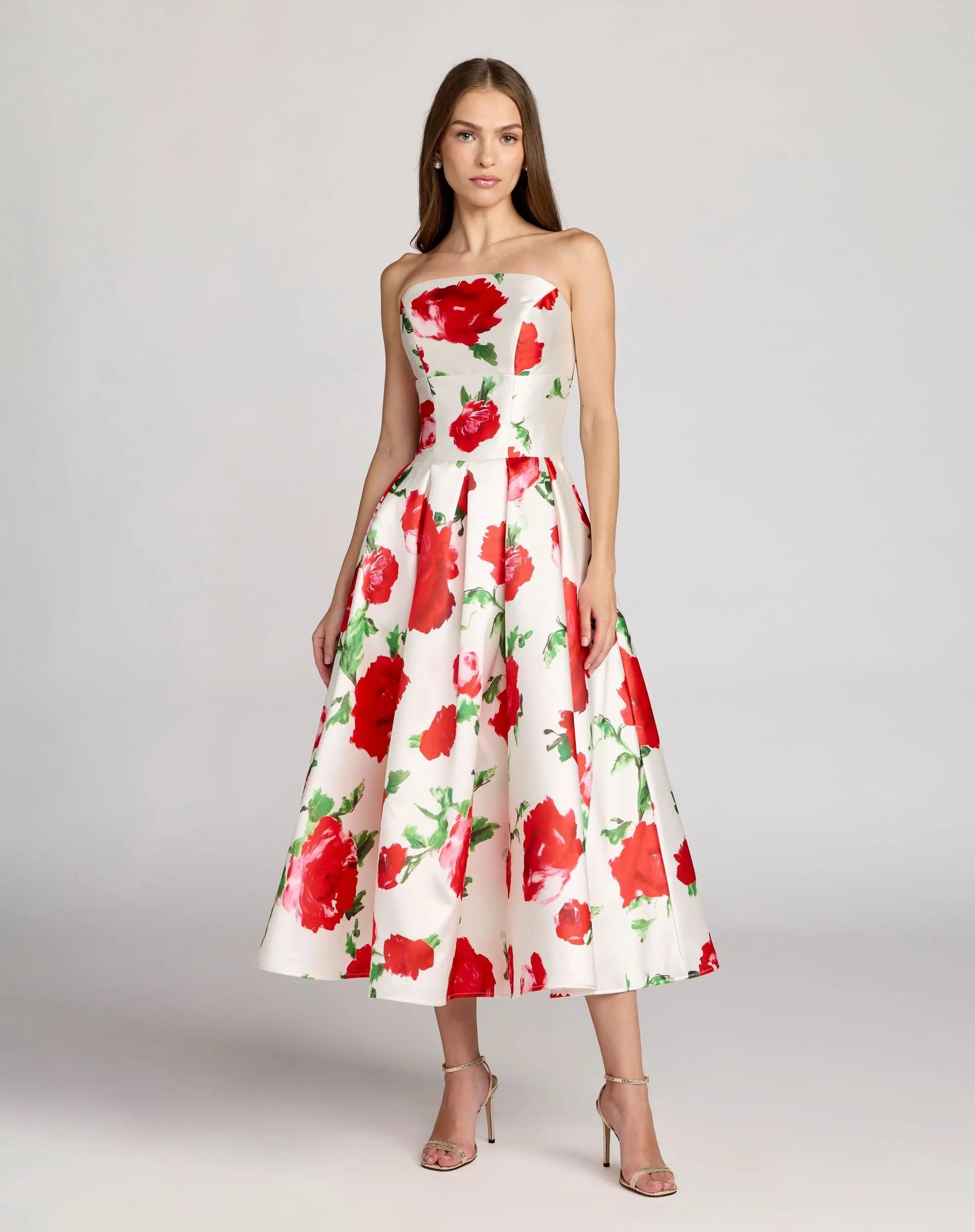 White Strapless Floral Printed A Line Midi Dress-Myartka