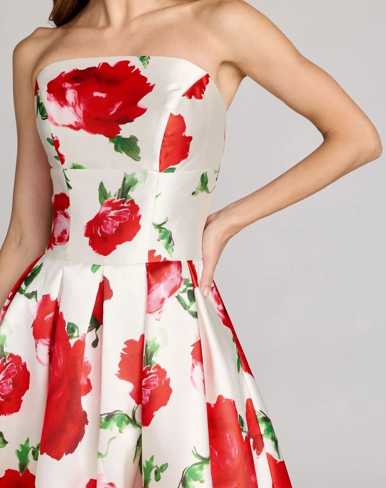 White Strapless Floral Printed A Line Midi Dress-Myartka
