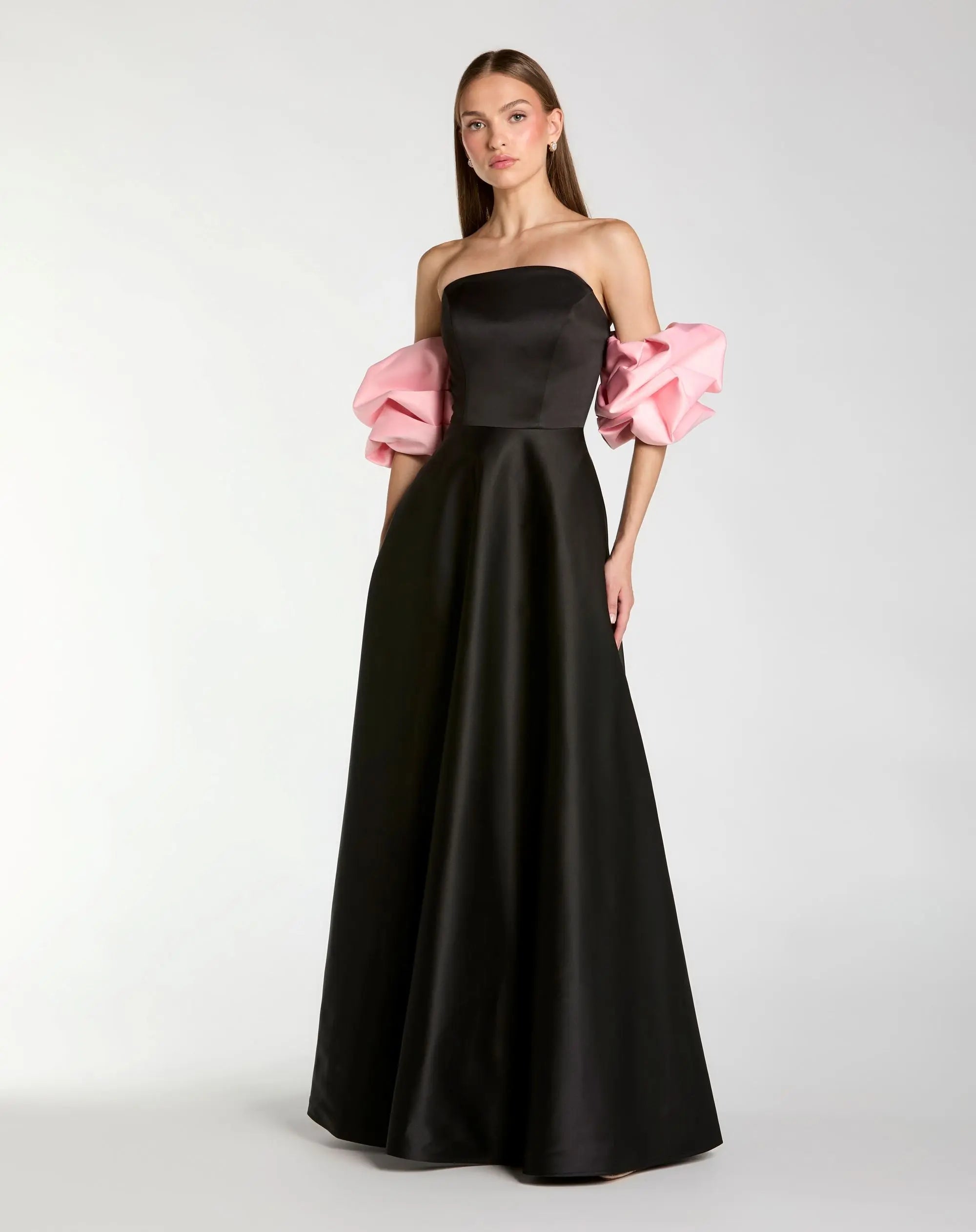 Black Satin Off The Shoulder Puff Sleeve Ball Gown-Myartka