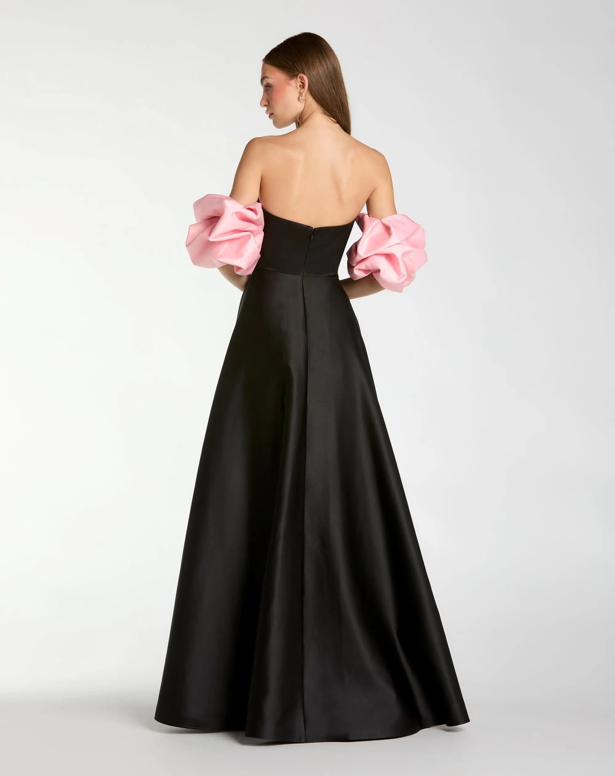 Black Satin Off The Shoulder Puff Sleeve Ball Gown-Myartka