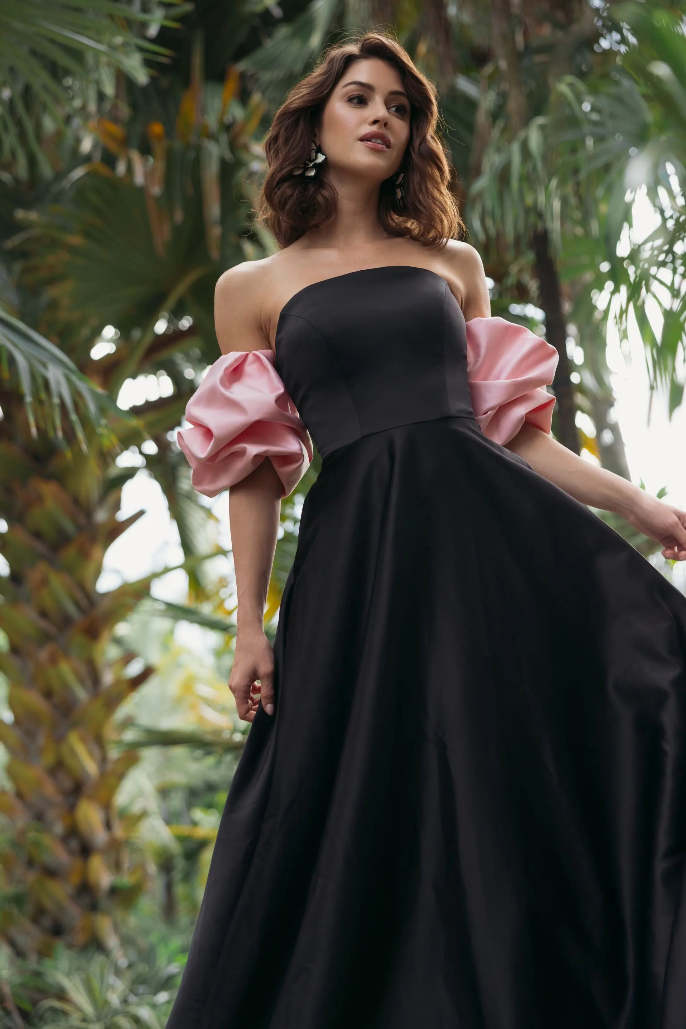 Black Satin Off The Shoulder Puff Sleeve Ball Gown-Myartka