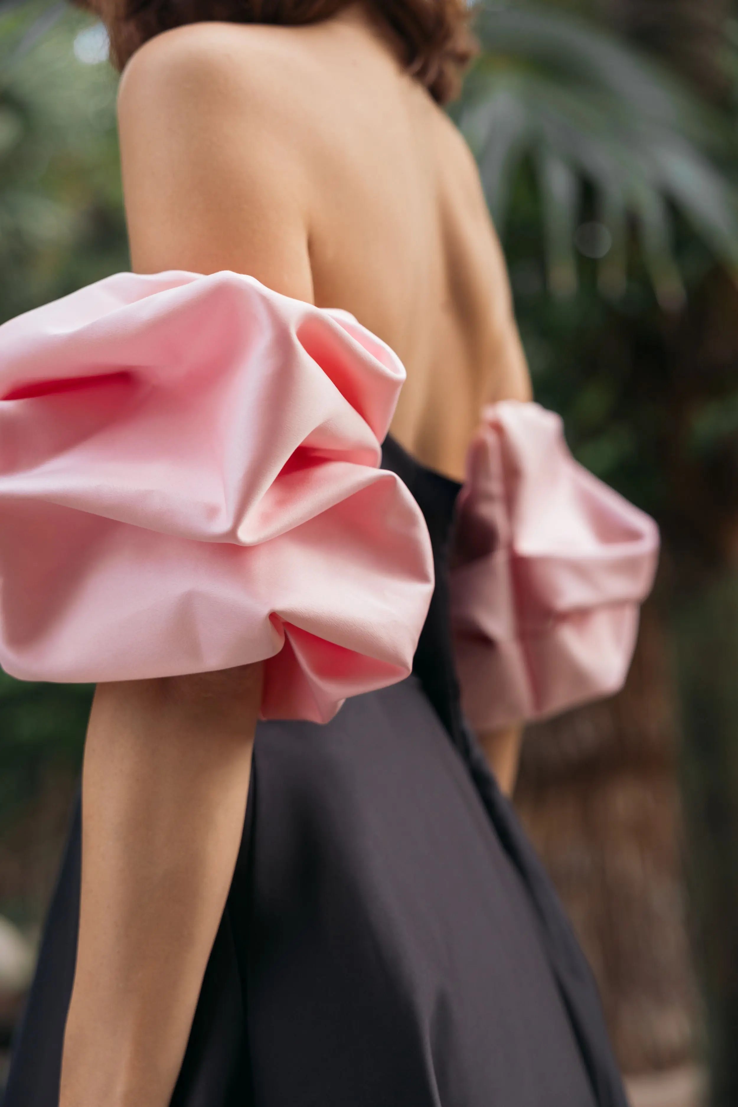 Black Satin Off The Shoulder Puff Sleeve Ball Gown-Myartka