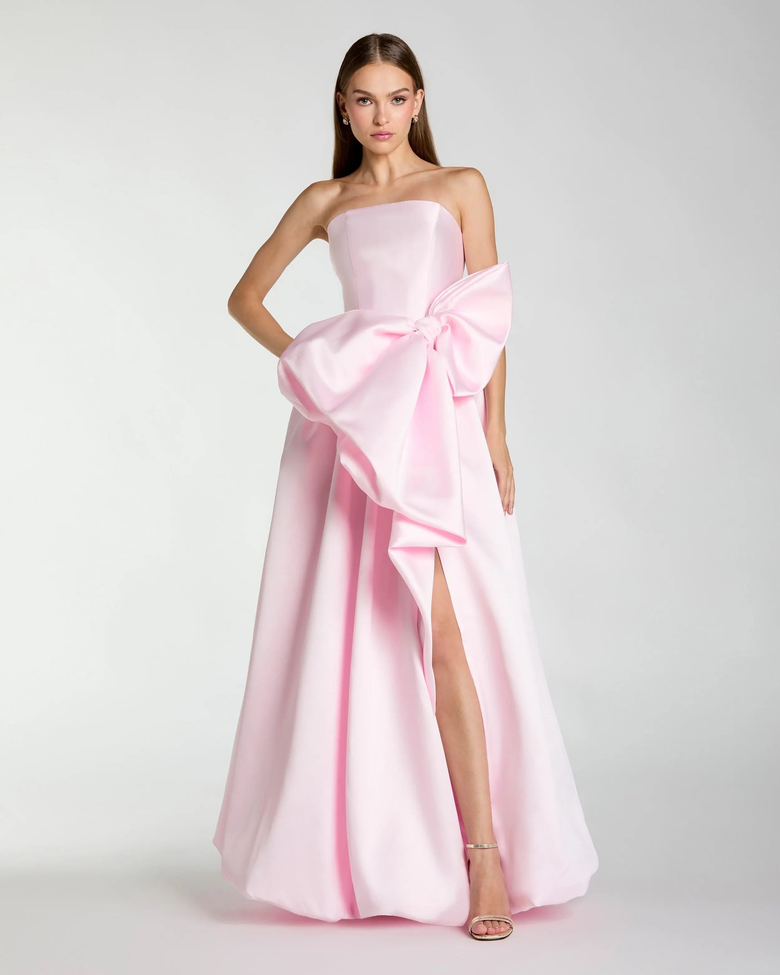 Light Pink Mikado Strapless Bubble Hem Ball Gown with Bow-Myartka