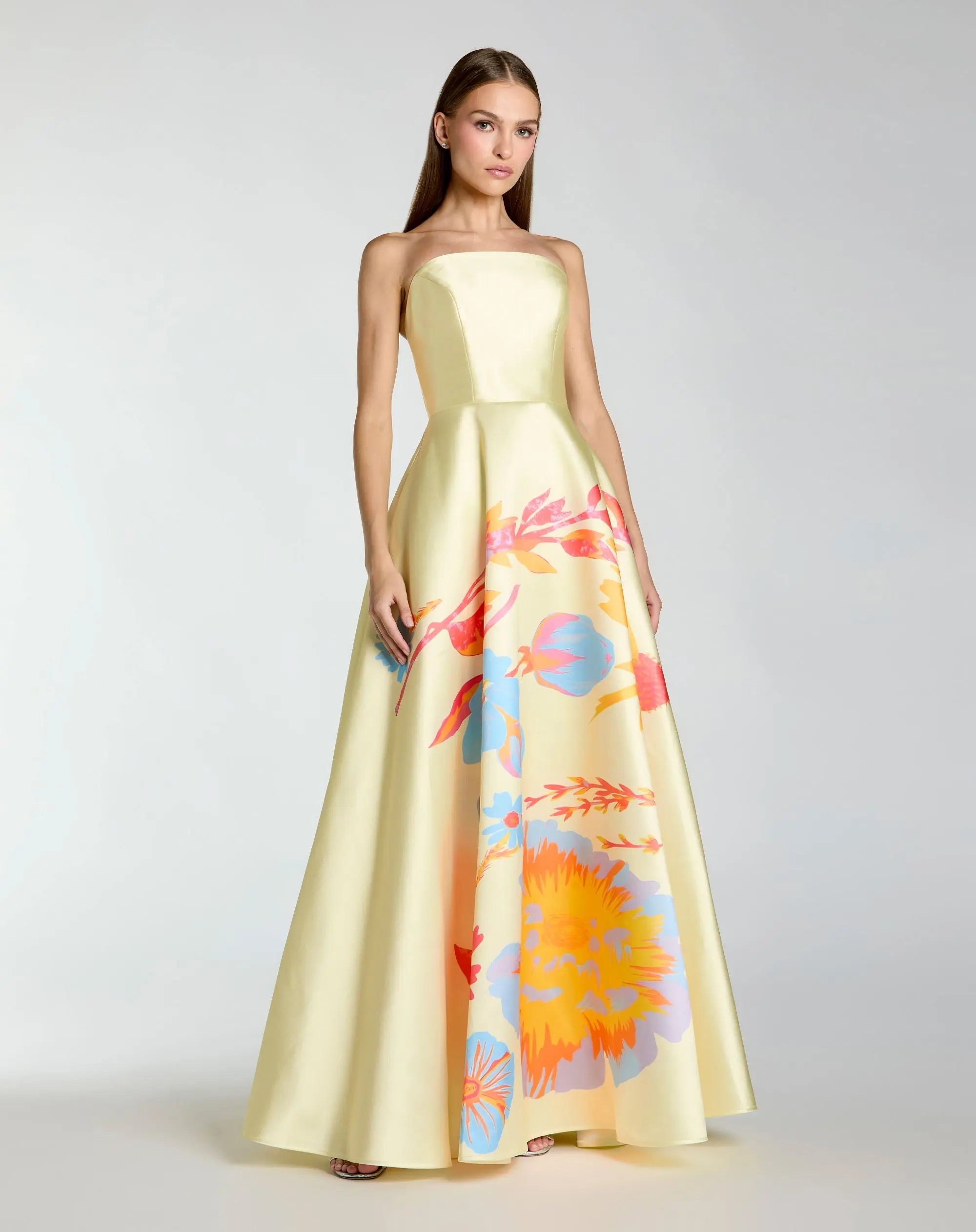 Yellow Strapless Mikado Ball Gown With Floral Print-Myartka