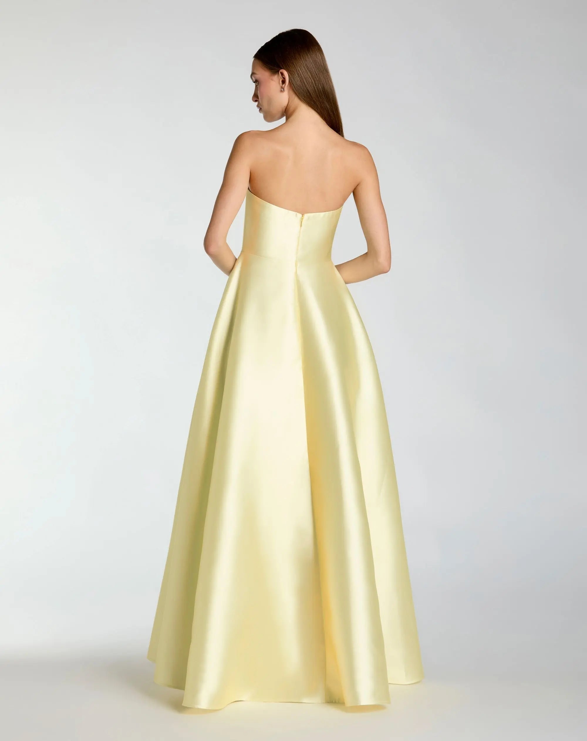 Yellow Strapless Mikado Ball Gown With Floral Print-Myartka