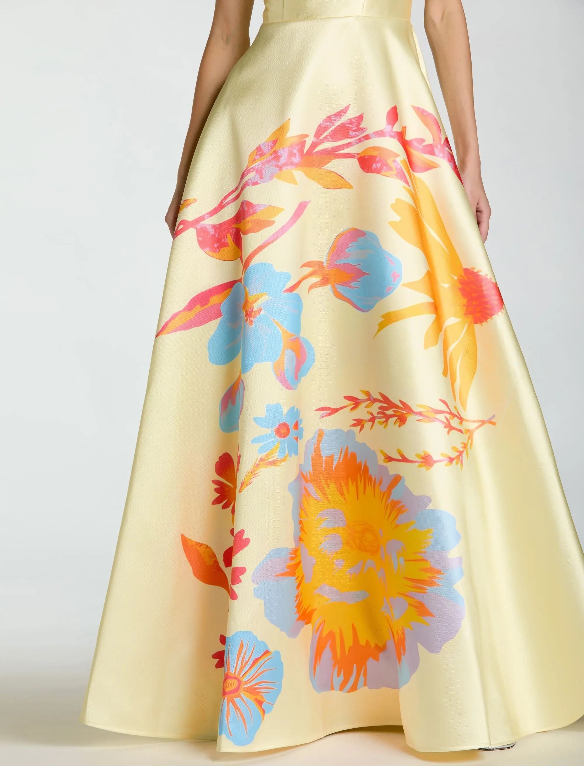 Yellow Strapless Mikado Ball Gown With Floral Print-Myartka
