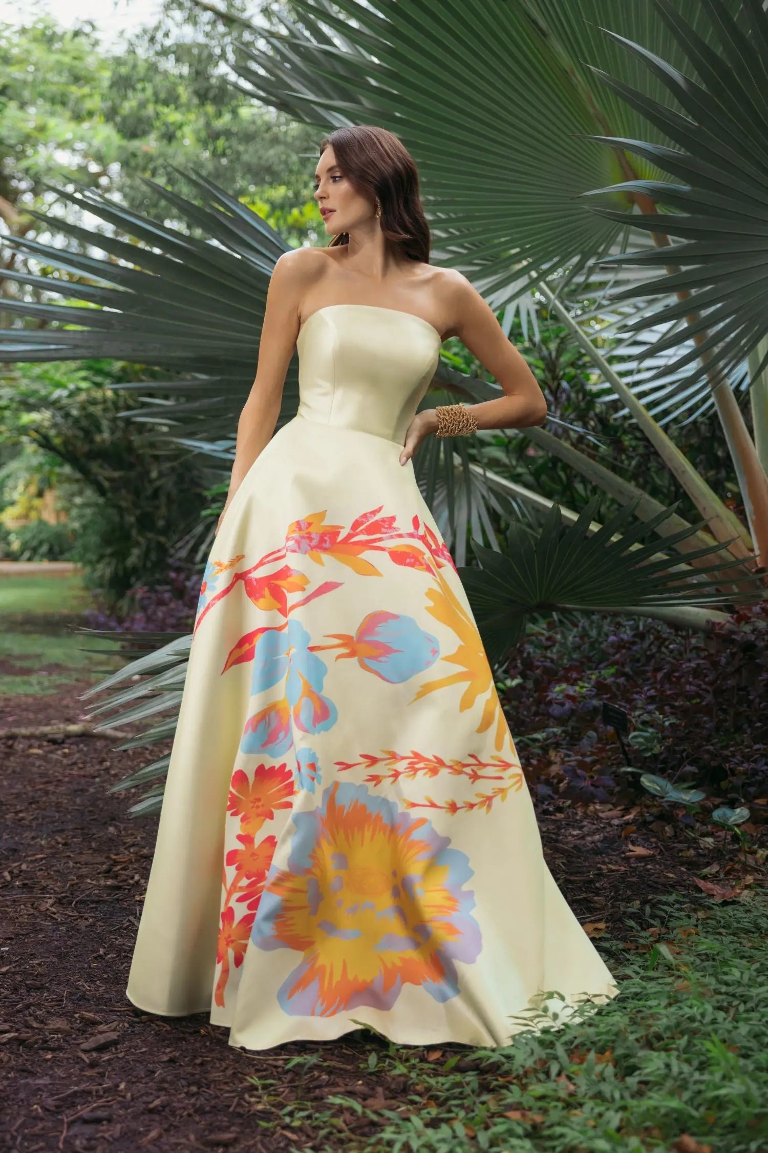 Yellow Strapless Mikado Ball Gown With Floral Print-Myartka