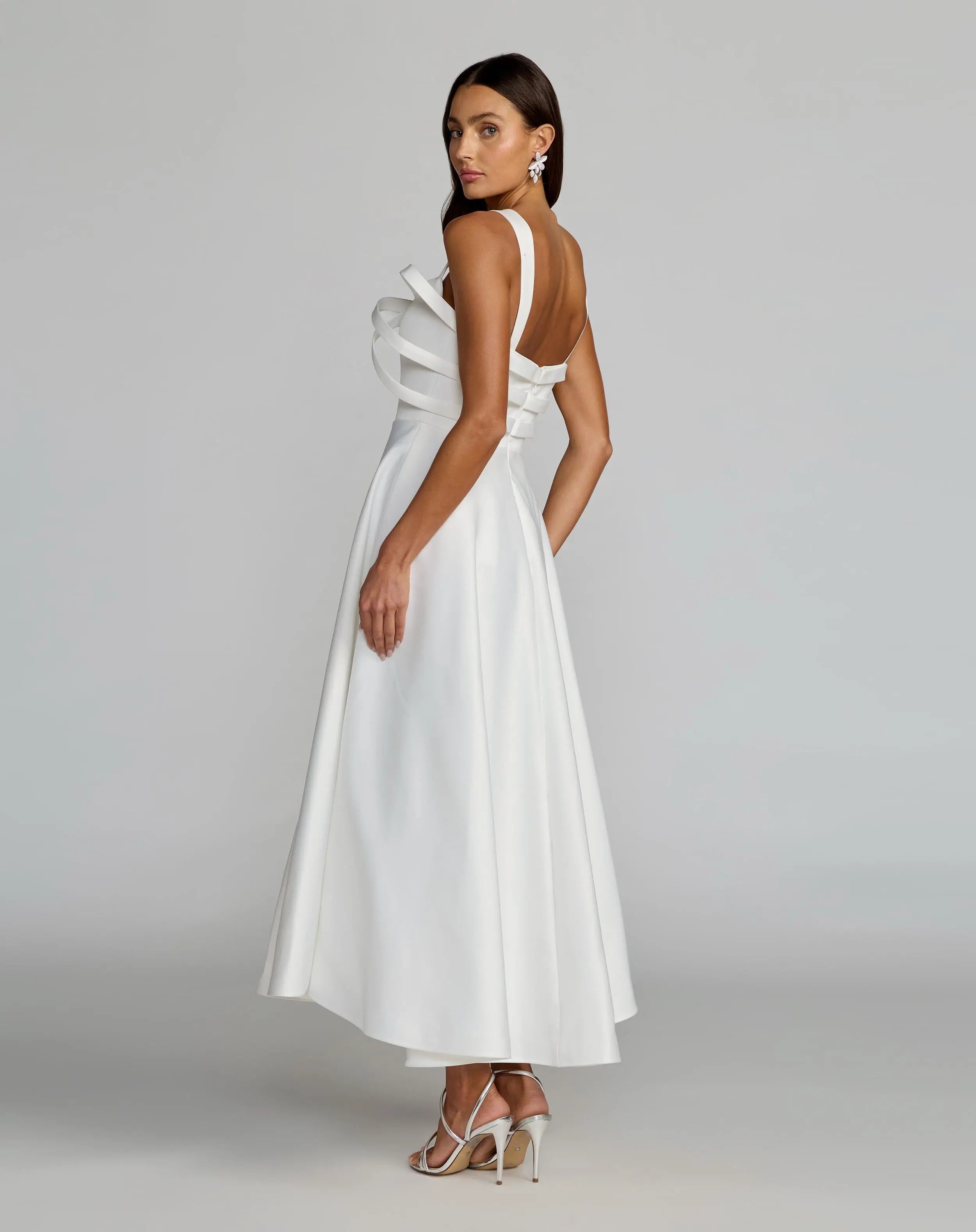 White Satin Sleeveless A Line Midi Dress With Bow-Myartka