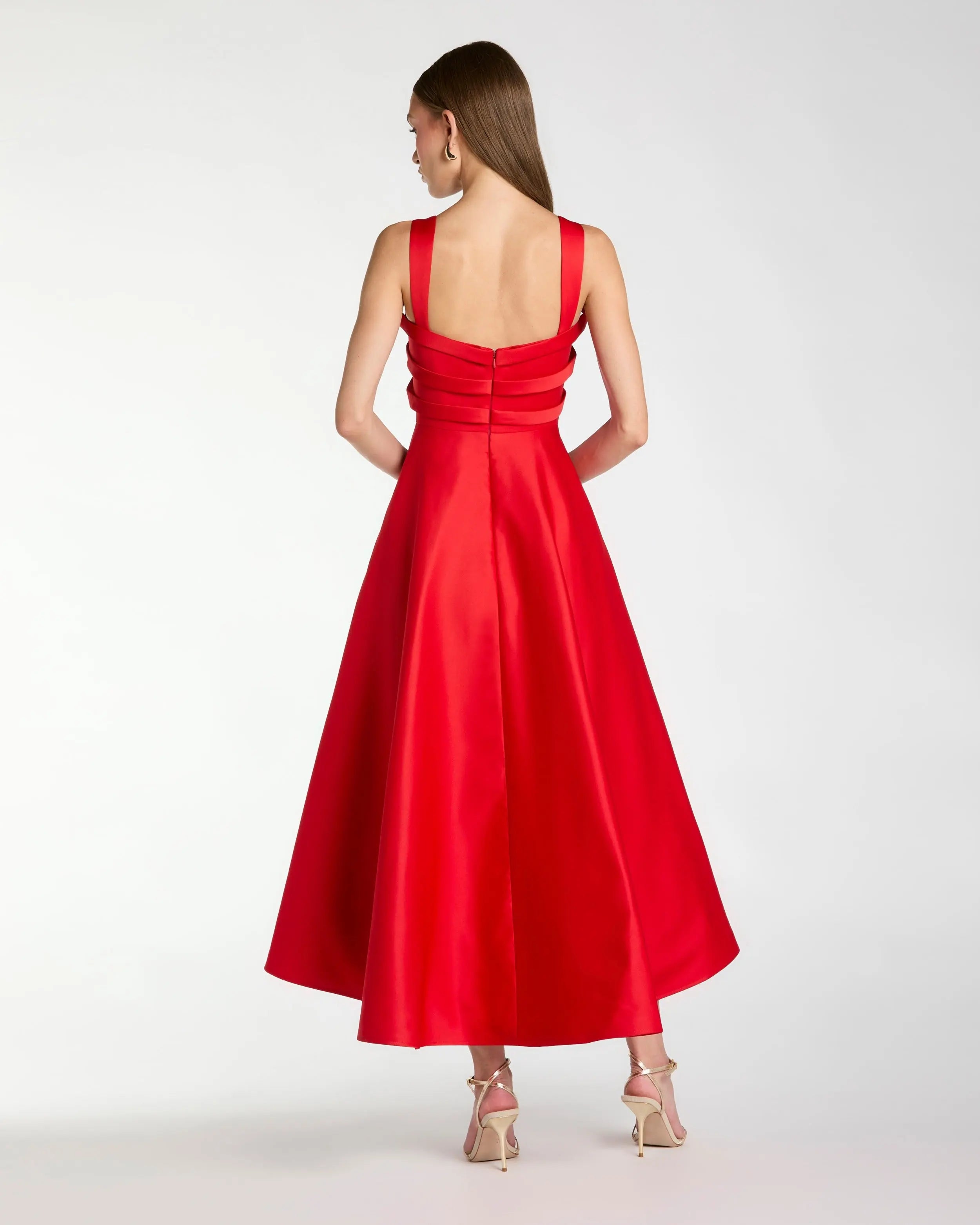 Red Satin Sleeveless A Line Midi Dress With Bow-Myartka