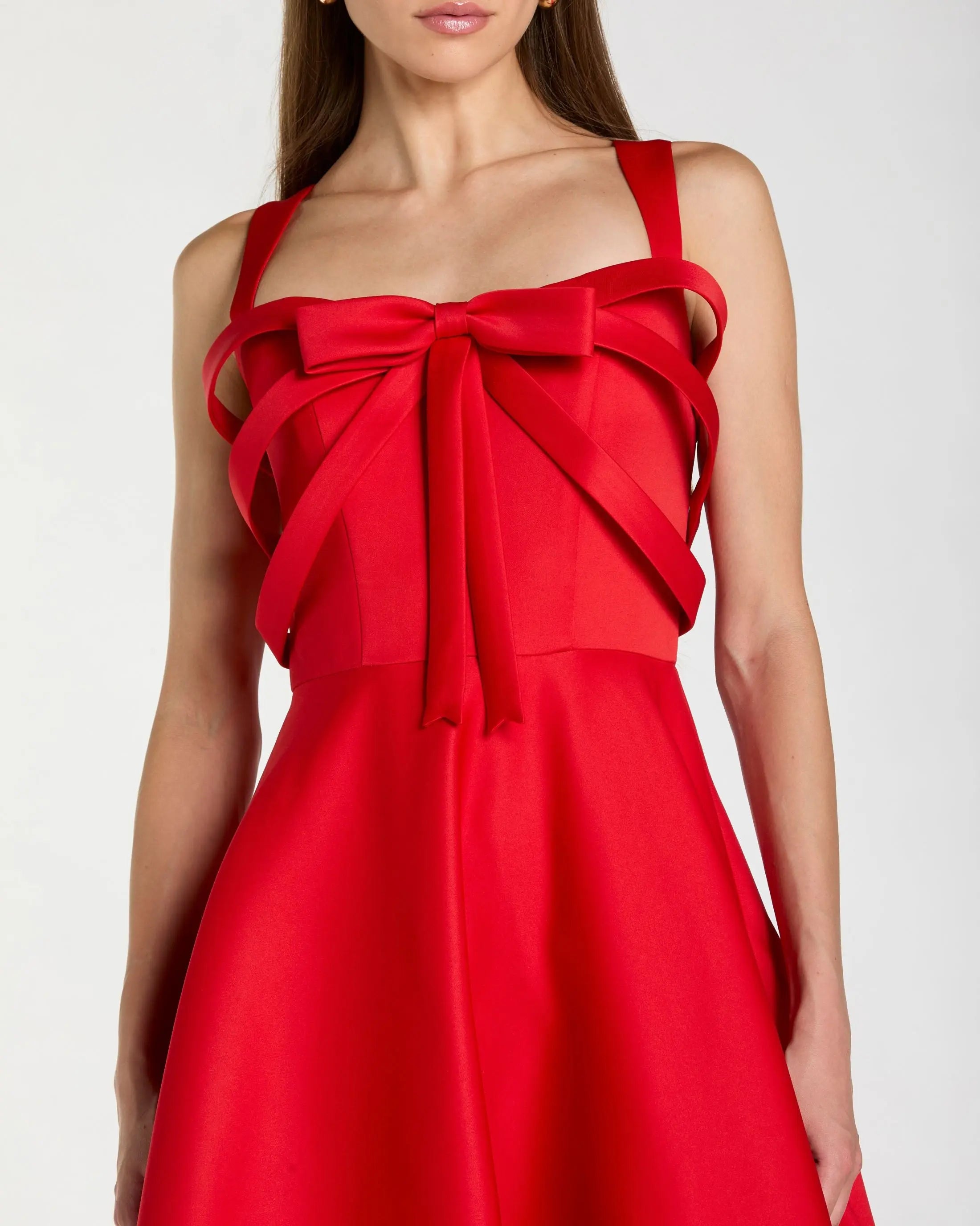 Red Satin Sleeveless A Line Midi Dress With Bow-Myartka
