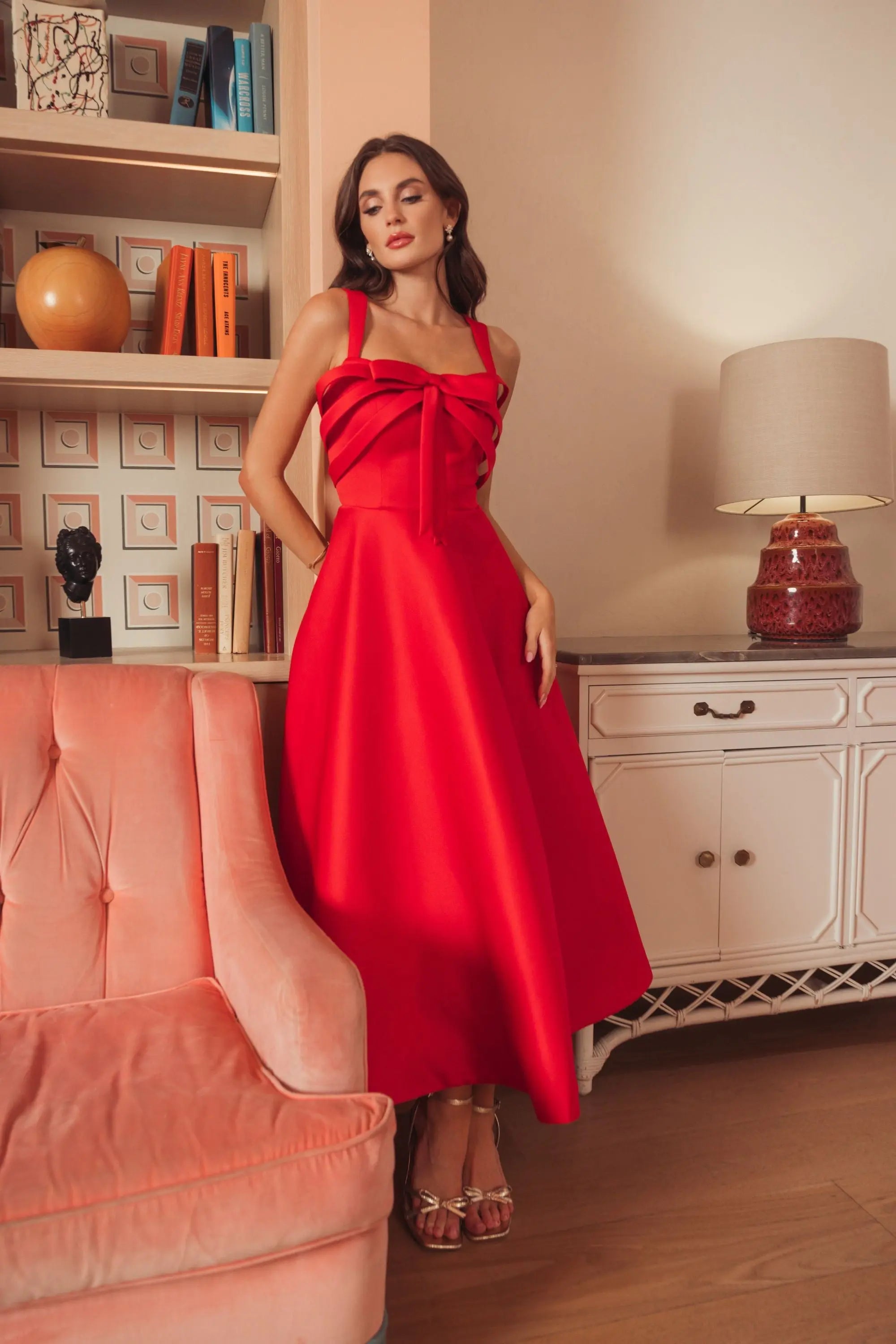 Red Satin Sleeveless A Line Midi Dress With Bow-Myartka