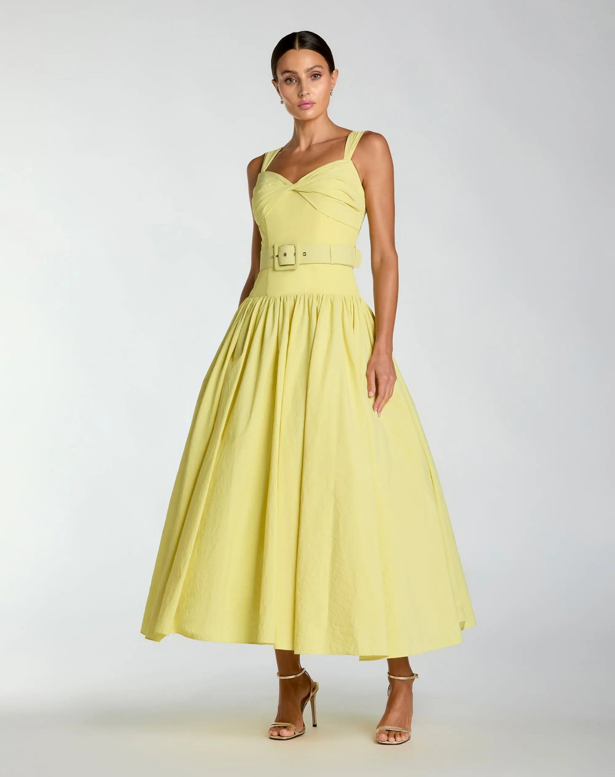 Yellow Sleeveless Faille A-Line Midi Dress With Belt-Myartka