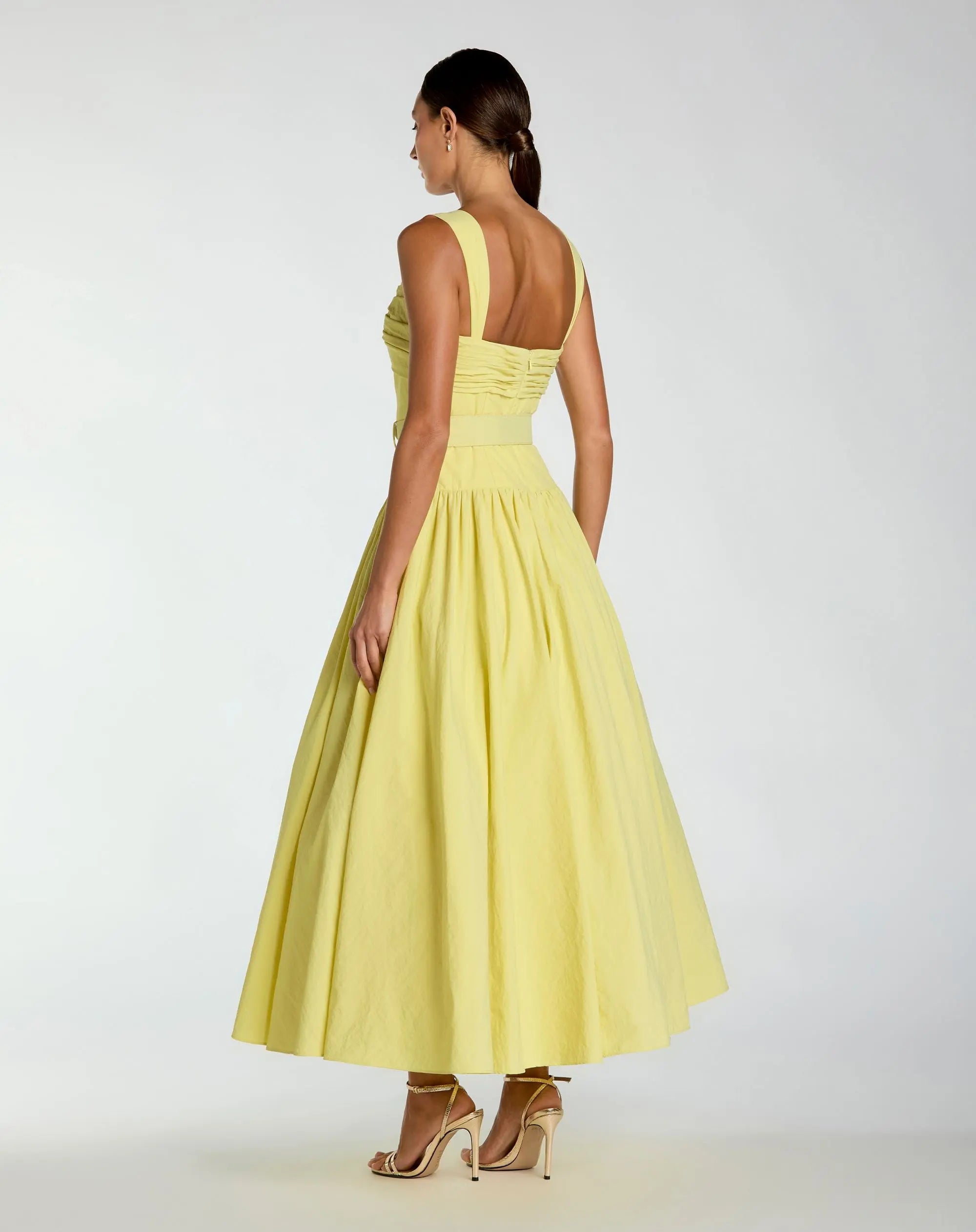 Yellow Sleeveless Faille A-Line Midi Dress With Belt-Myartka
