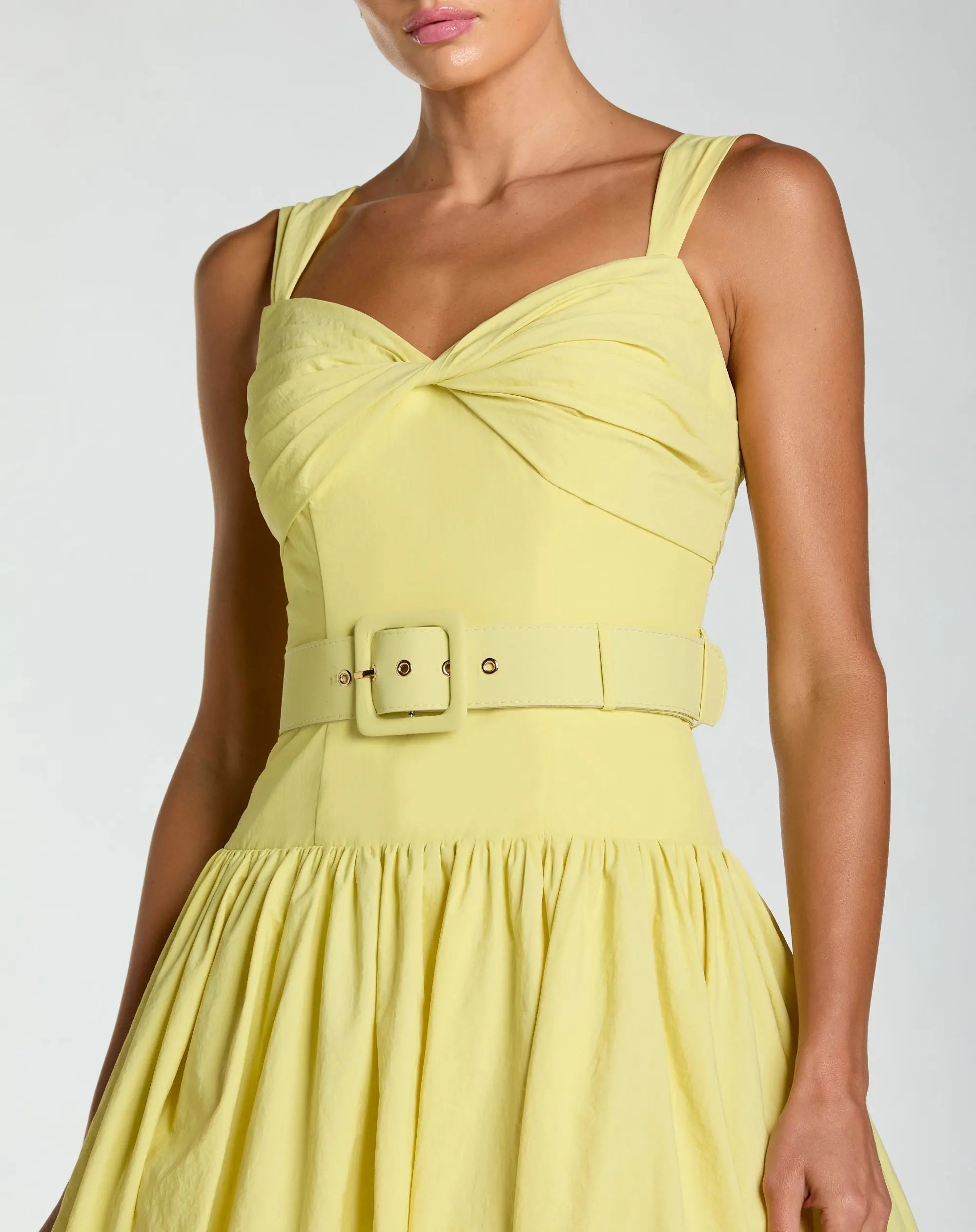 Yellow Sleeveless Faille A-Line Midi Dress With Belt-Myartka