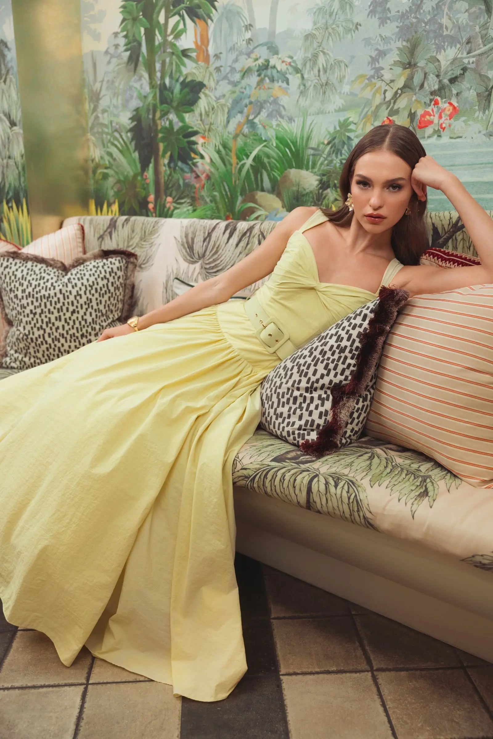 Yellow Sleeveless Faille A-Line Midi Dress With Belt-Myartka