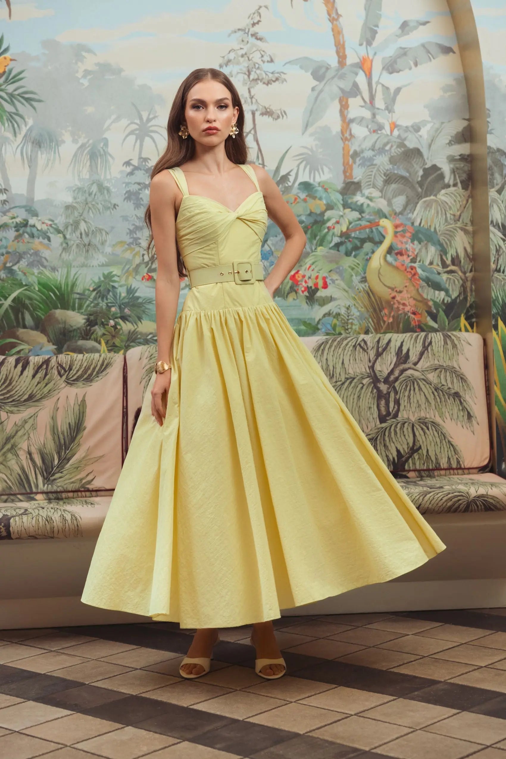 Yellow Sleeveless Faille A-Line Midi Dress With Belt-Myartka