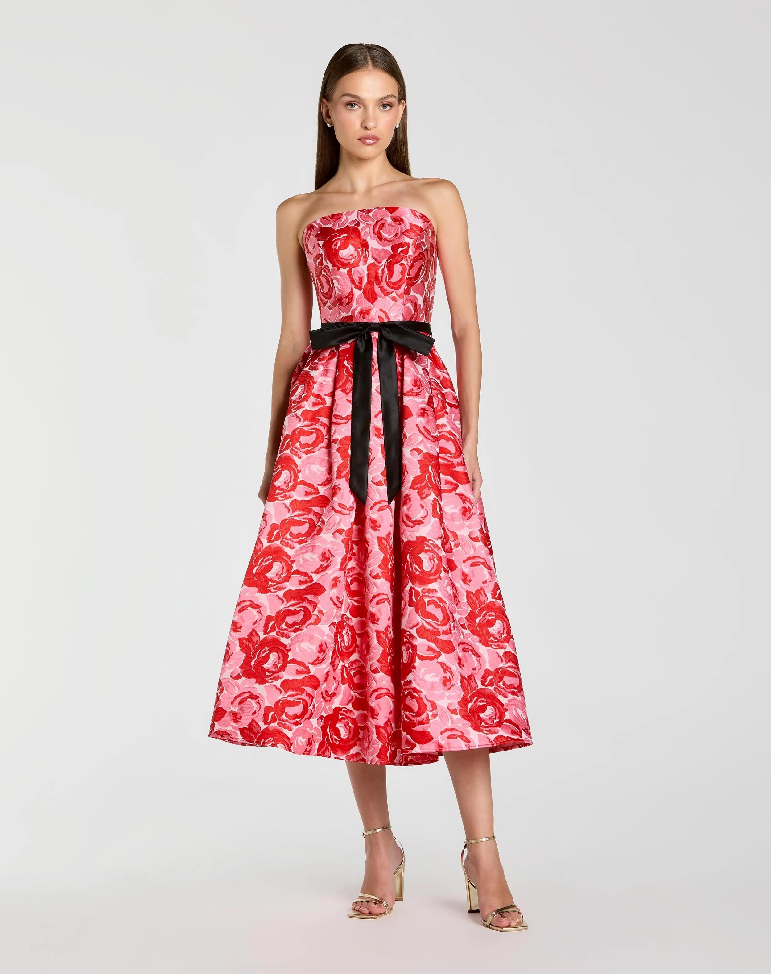 Red Strapless Brocade Midi Dress with Satin Bow-Myartka