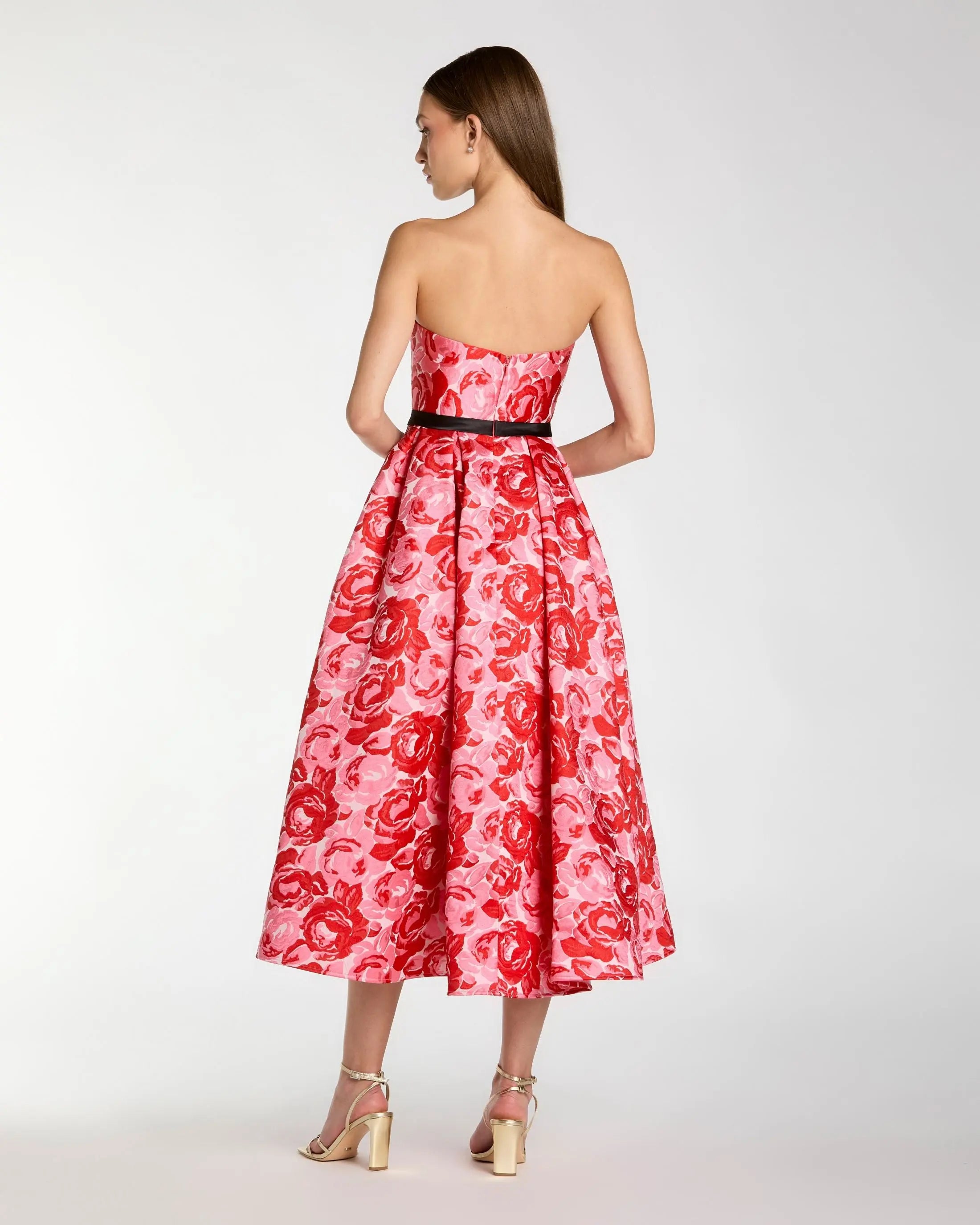 Red Strapless Brocade Midi Dress with Satin Bow-Myartka