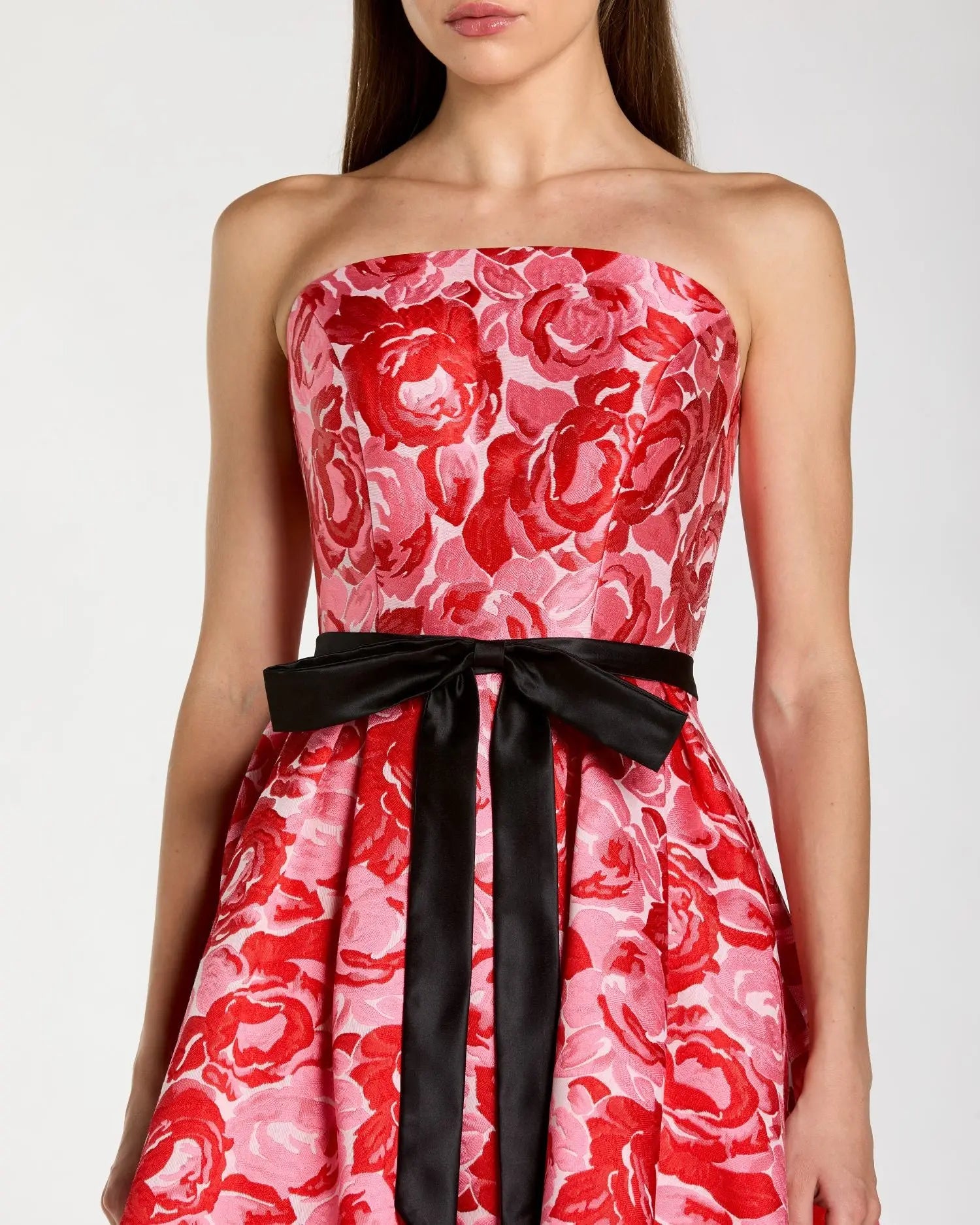Red Strapless Brocade Midi Dress with Satin Bow-Myartka