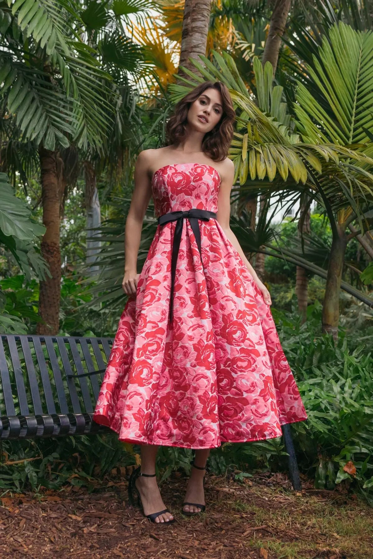 Red Strapless Brocade Midi Dress with Satin Bow-Myartka