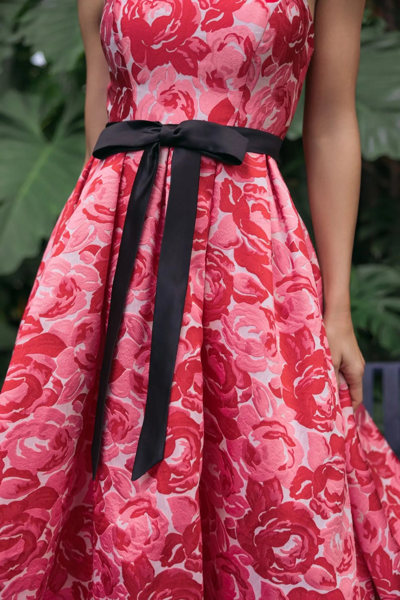 Red Strapless Brocade Midi Dress with Satin Bow-Myartka