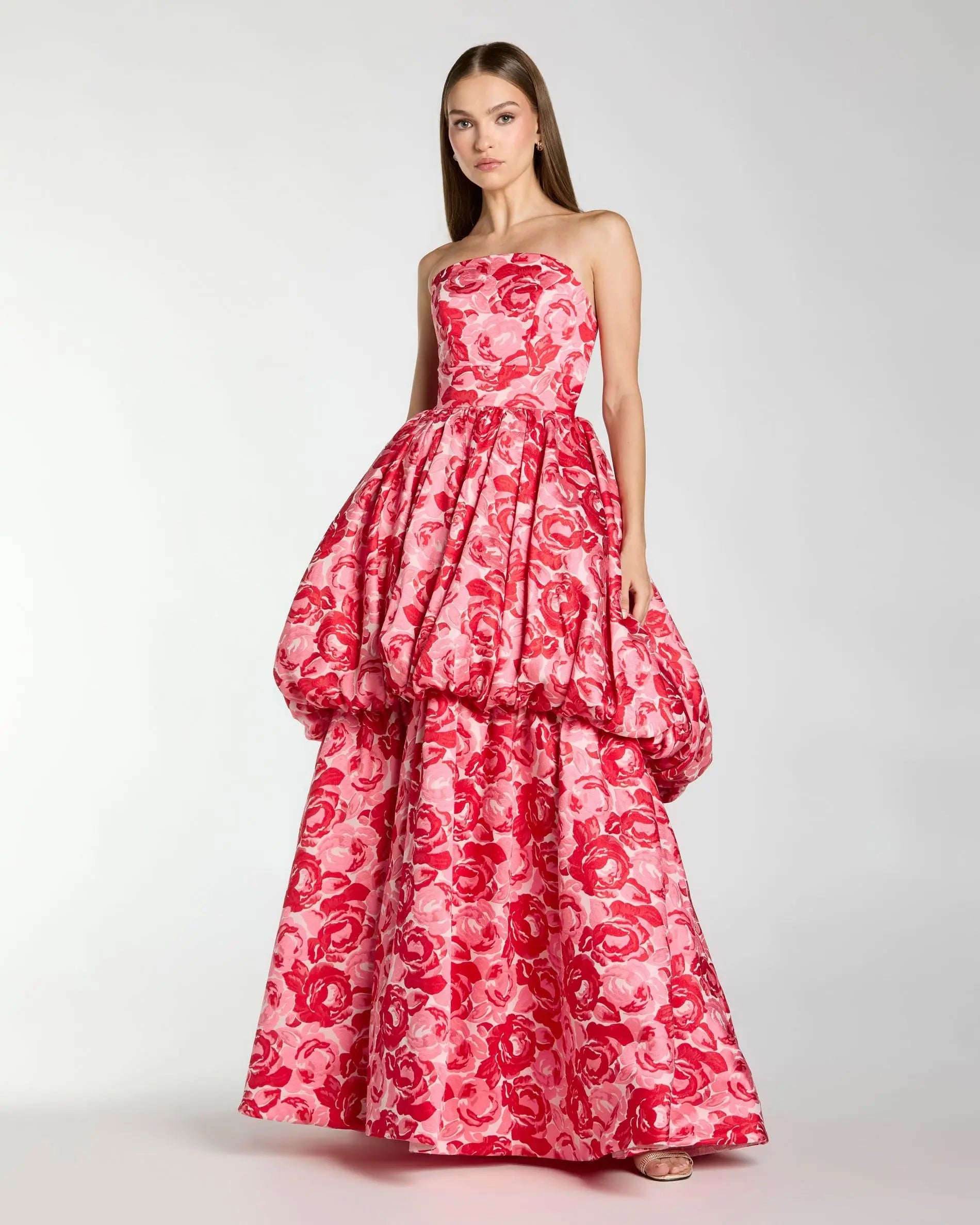 Pink Brocade Strapless Bubble Hem Ballgown-Myartka