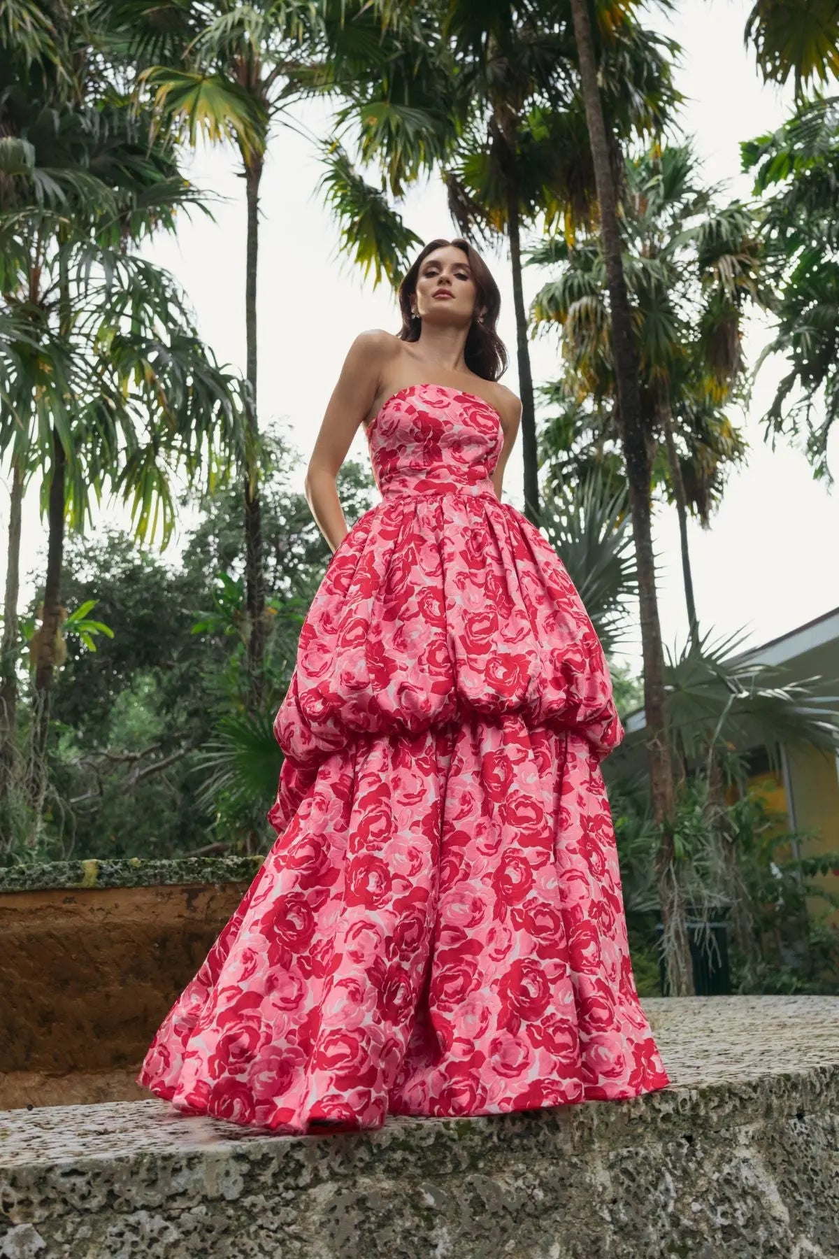 Pink Brocade Strapless Bubble Hem Ballgown-Myartka