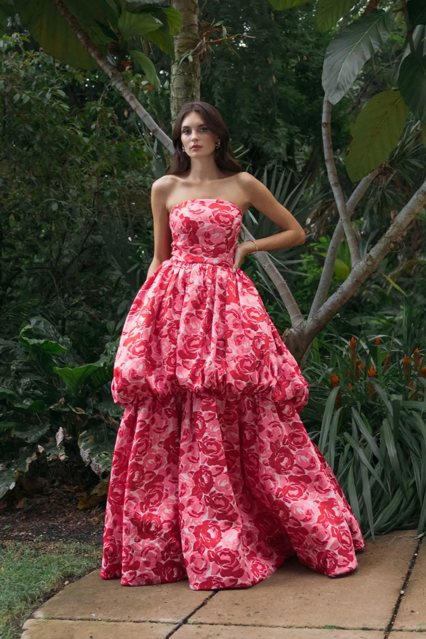 Pink Brocade Strapless Bubble Hem Ballgown-Myartka