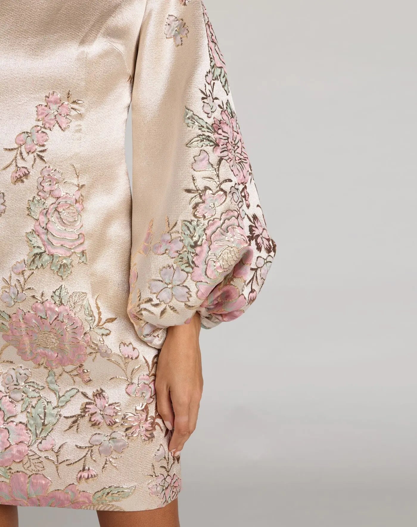 Ivory Brocade High Neck Long Sleeve Mini Dress-Myartka